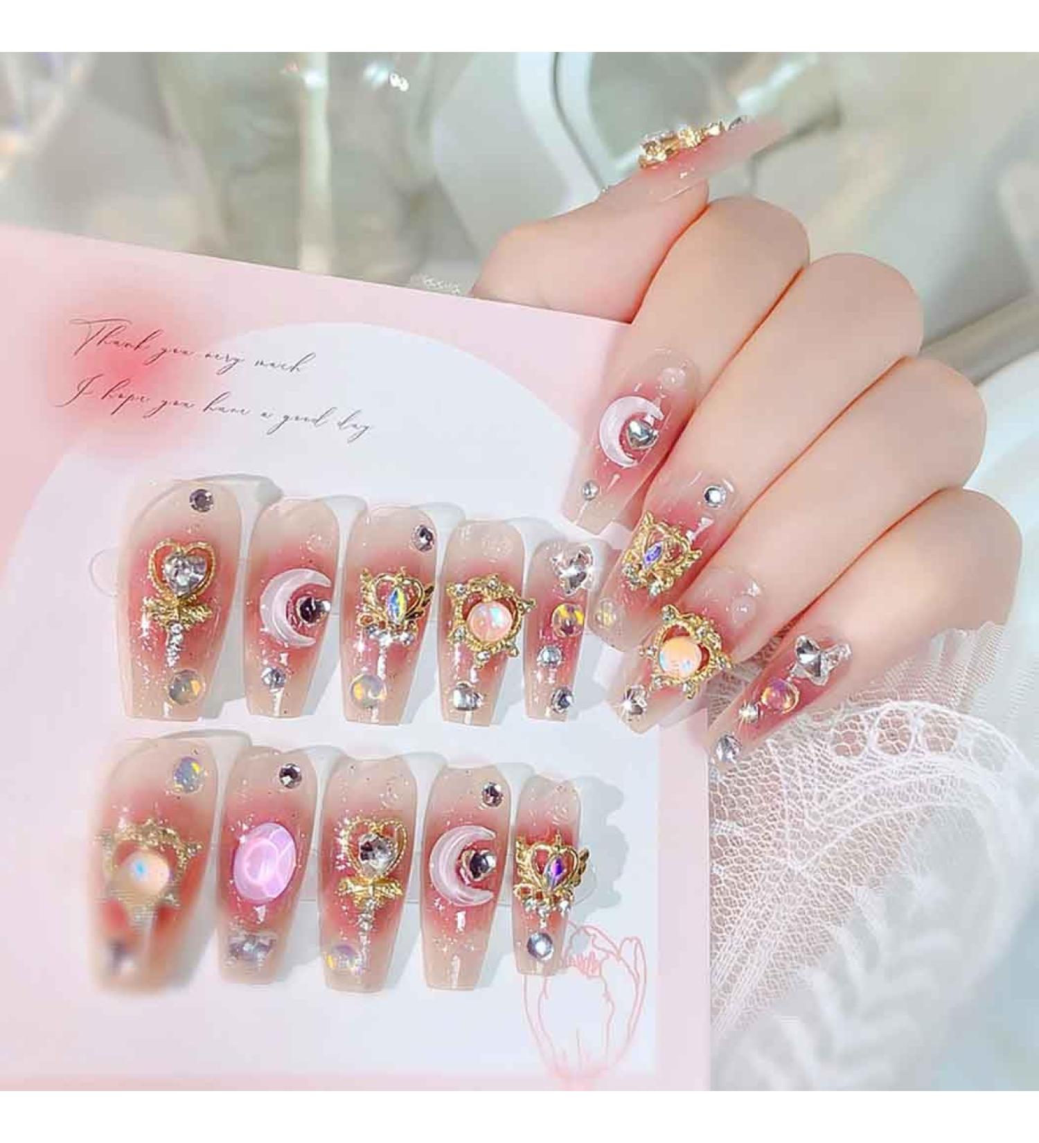 RikView Long Press on Nails - 24 PCS Pink Coffin Nails with 3D Design | Glossy Full Cover Fake Nails for Women - Buy Online on SooperMarket.com