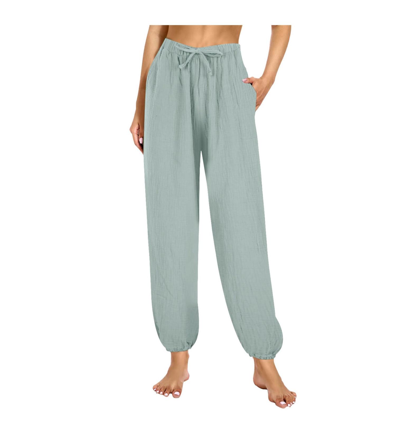 Rytejfes linen pants women long summer white light fabric trousers Elegant stretch wide leg linen summer pants airy brief size pump pair of leisure pants hint pants 17*!Green M