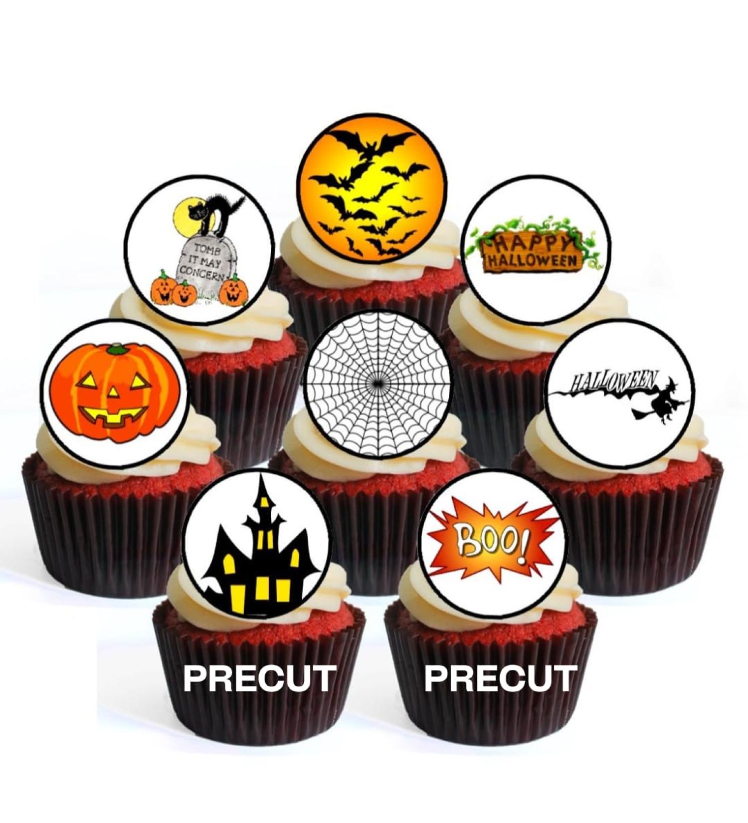 PRECUT Halloween Edible Cupcake Toppers - Spooky Mixed Theme #1 Premium Thickness SWEETENED VANILLA - wafer card disc cake decorations (Pack of 12)