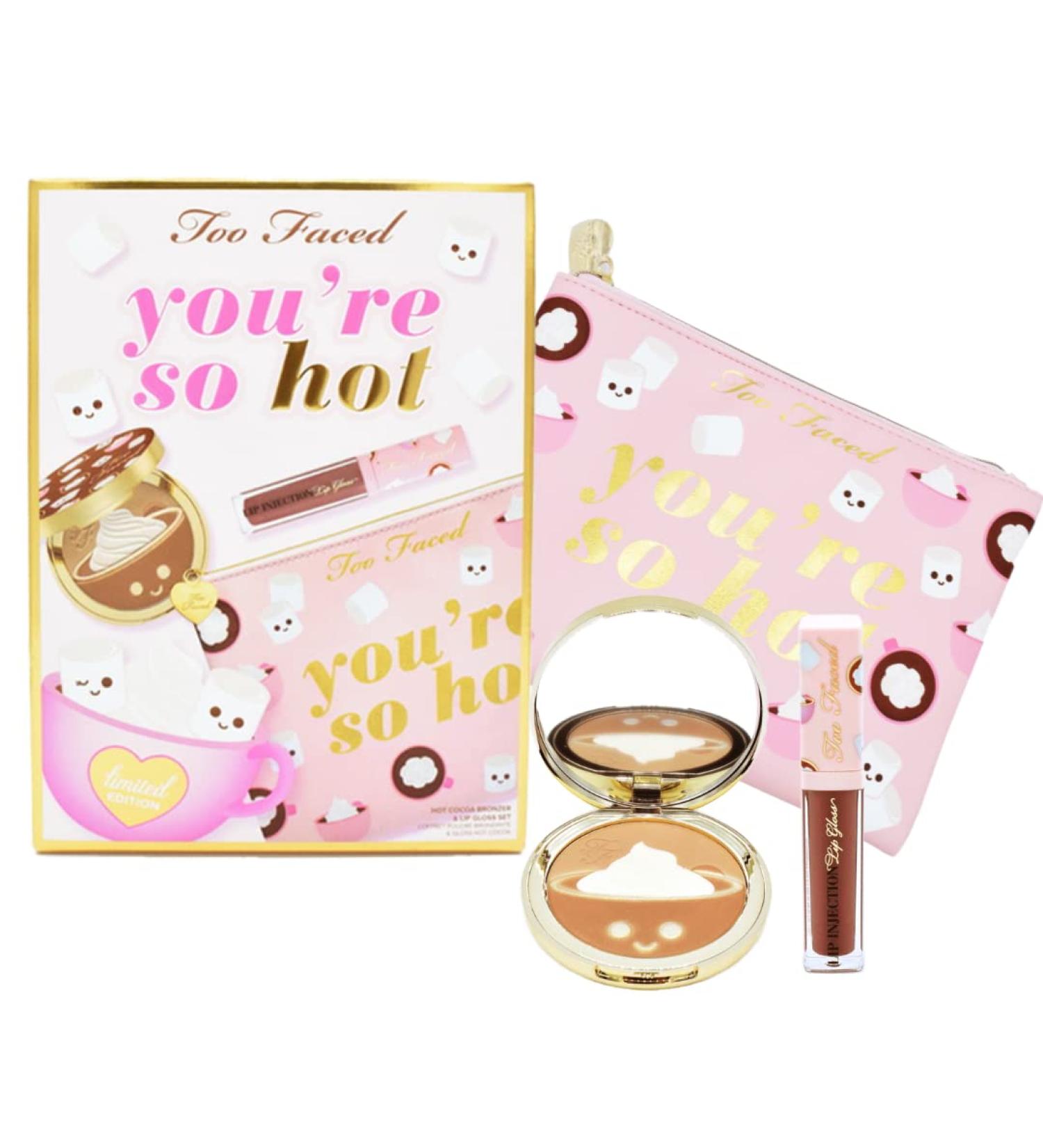 Too Faced Hot Cocoa Bronzer & Lip Gloss Set with Makeup Bag - Christmas Cocoa Lip Gloss & Face Bronzer Combo - Buy Online on SooperMarket.com