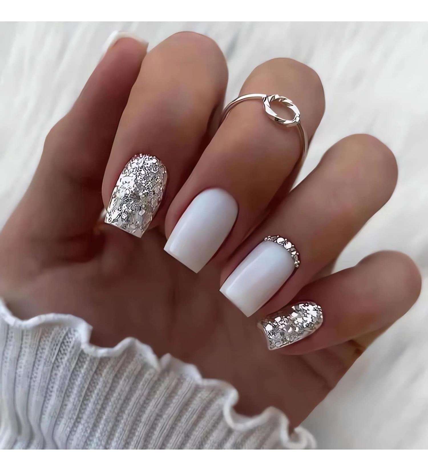 Square Press On Nails Short White Fake Nails | Glue On Acrylic False Nails with Matte Finish & Sequin Designs | 24Pcs Set for Women & Girls - Buy Online on SooperMarket.com