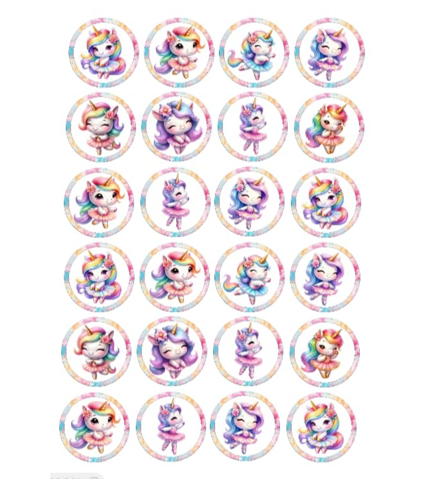 24 Assorted Unicorn Ballet Pre-Cut Edible Premium Rice Card Cup Cake Toppers