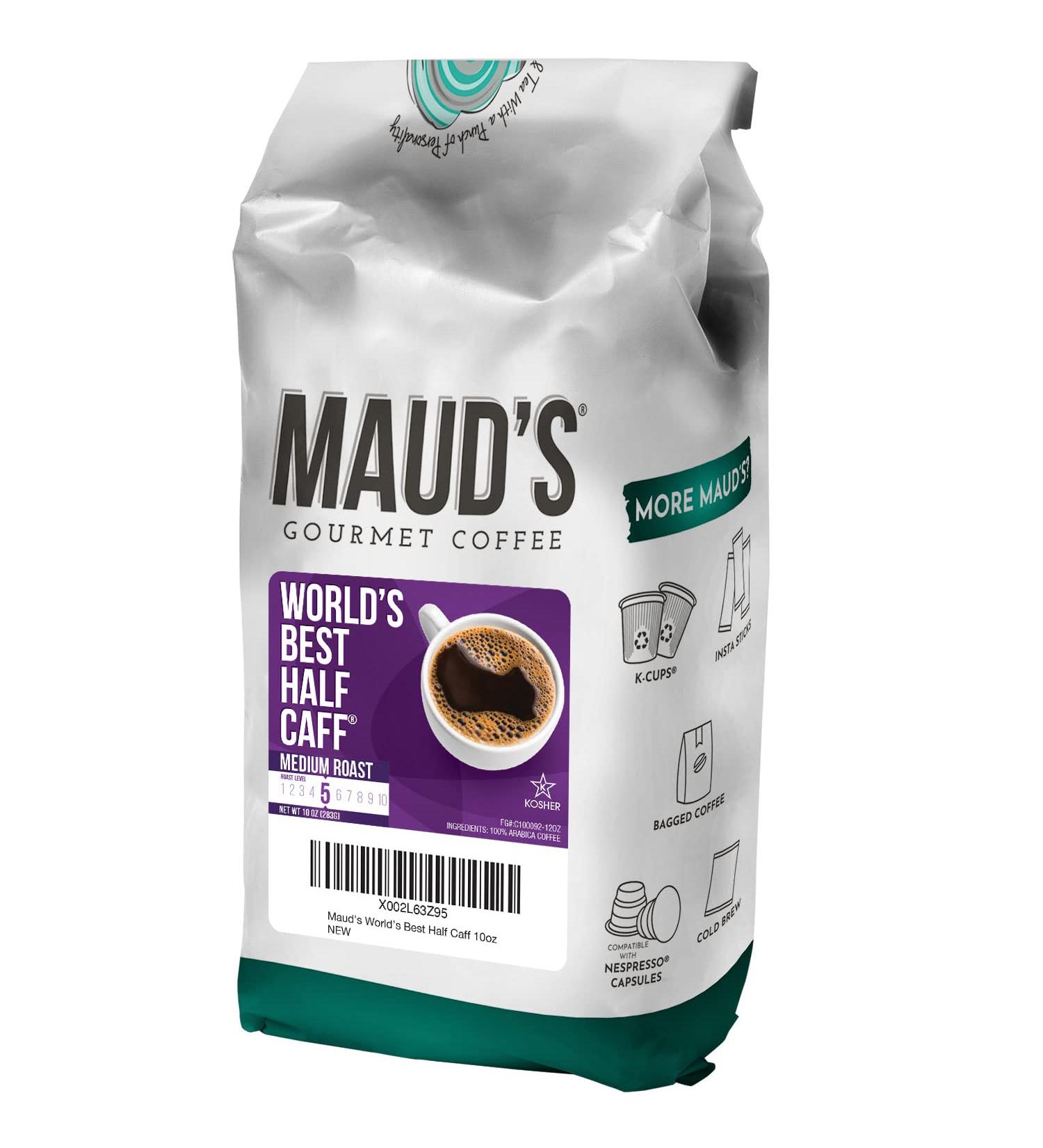 Maud's World's Best Half Caff Ground Coffee - 10oz Bags | 100% Arabica Medium Roast | Solar Energy Produced | California Roasted | Decaf Blend | 1 Pack - Buy Online on SooperMarket.com