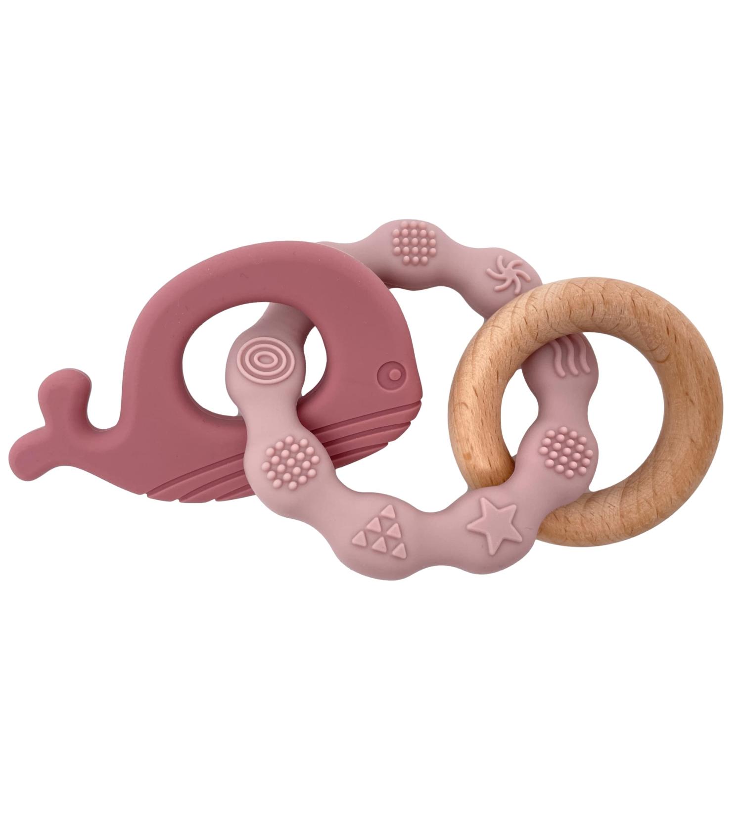Ernestine Pink Whale Baby Bite Ring - BPA-Free Wood & Silicone | Montessori Teething Toy & Gift for Newborns - Buy Online on SooperMarket.com