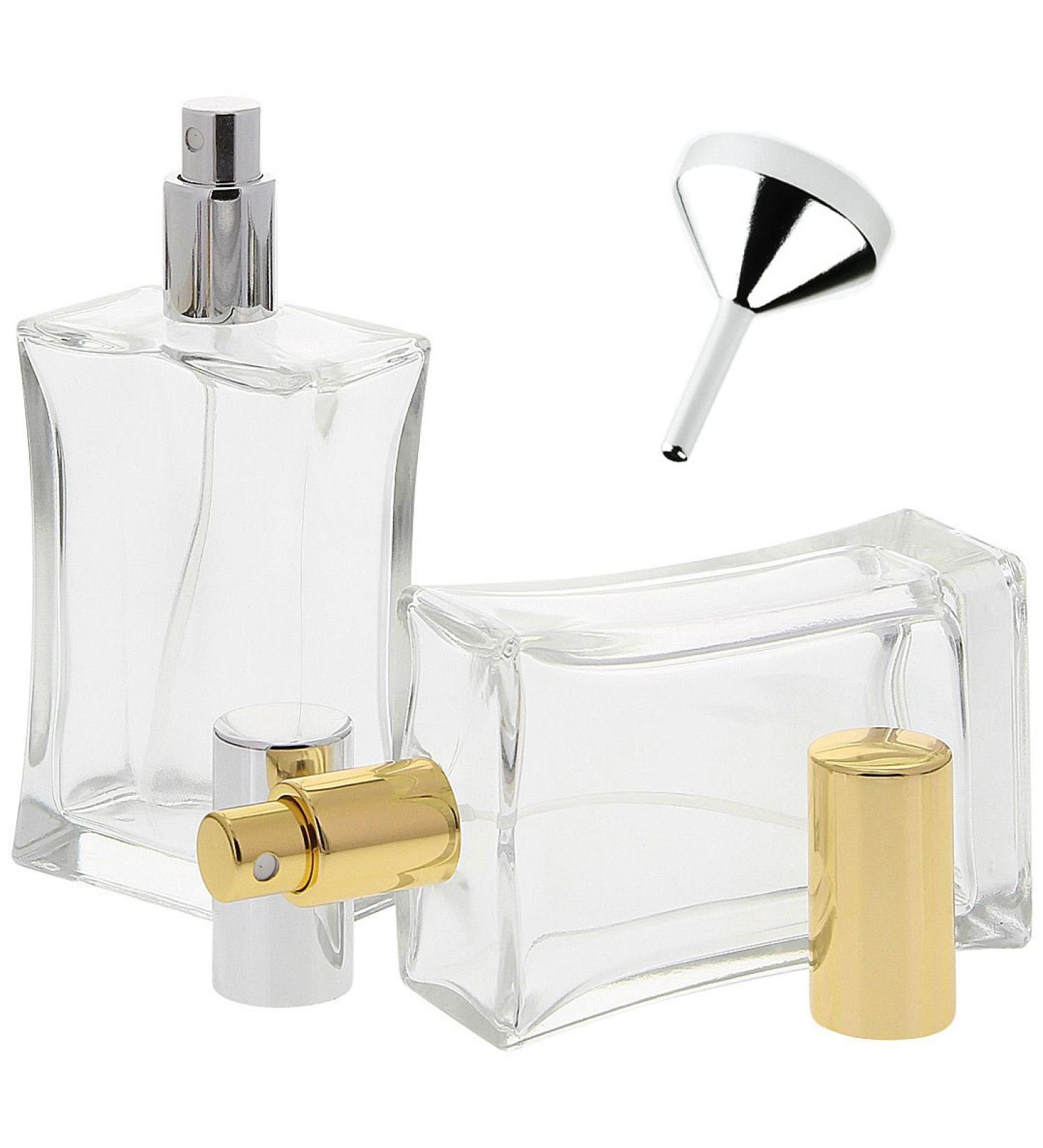 Kosmetex 100ml Square Glass Bottle Set | Tapered Design with Funnel & Perfume Atomizer - 2-Pack for International Shipping - Buy Online on SooperMarket.com