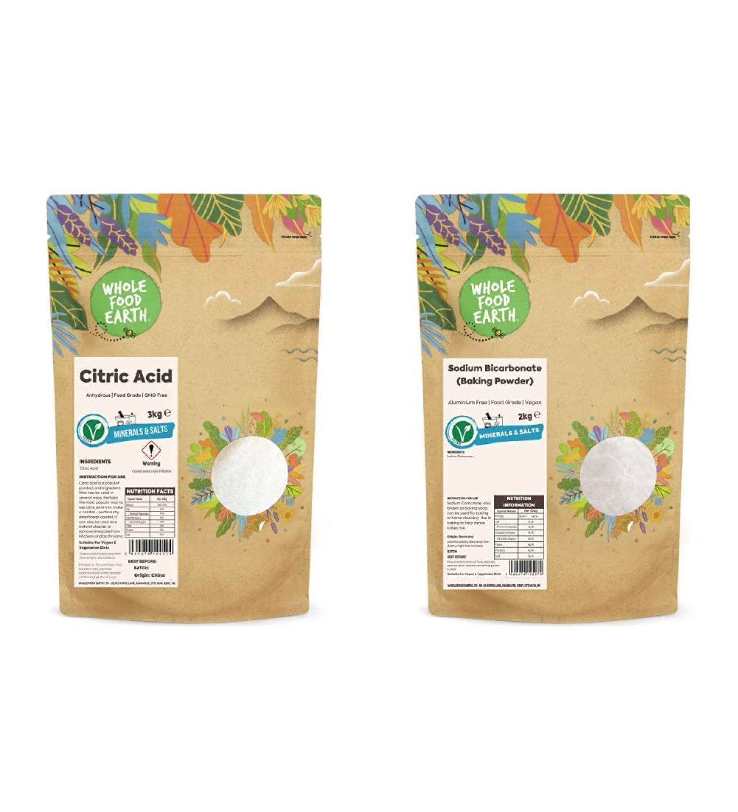 Wholefood Earth - Citric Acid 3kg - Anhydrous - Food Grade & Sodium Bicarbonate Baking Soda 2 kg - Buy Online on SooperMarket.com