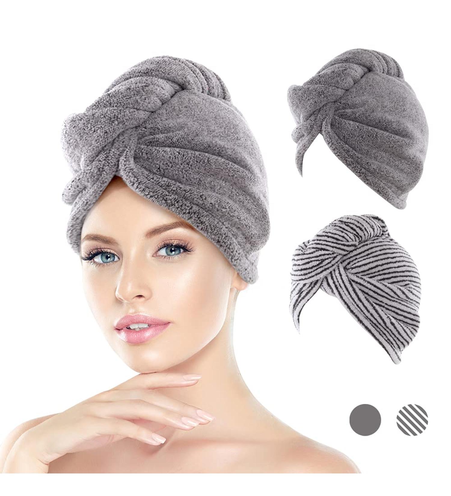 JEFFSUN Microfiber Hair Towel Wrap 2 Pack - Super Absorbent Hair Turban for Women & Girls - Quick Dry for Curly, Long, Thick, Frizzy Hair - Grey & Stripes - Buy Online on SooperMarket.com