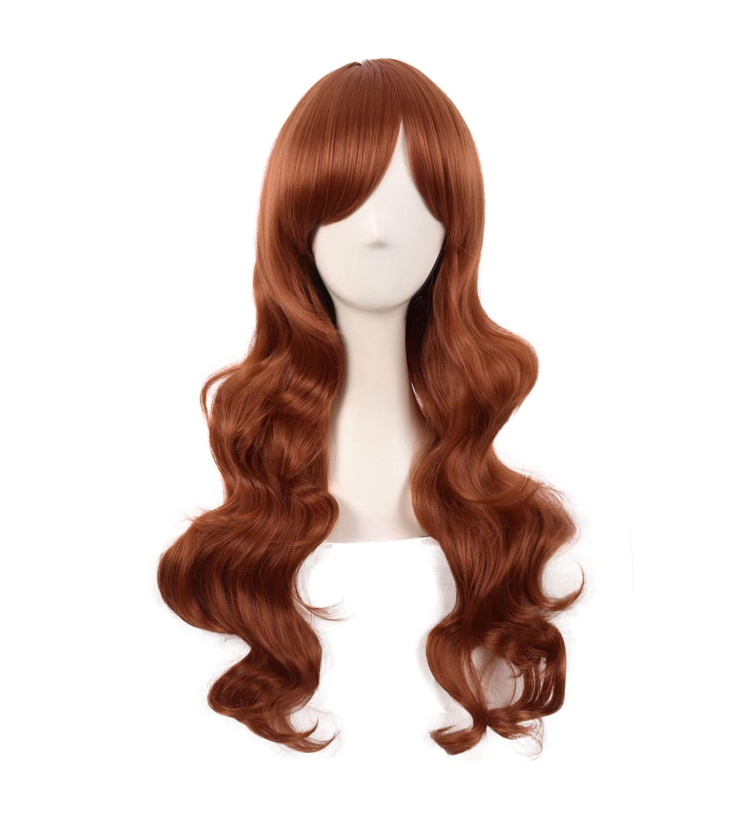 MapofBeauty 28-Inch Ginger Orange Wavy Wig with Side Part Bangs - Long Curly Hair for Women - International Shipping Available - Buy Online on SooperMarket.com