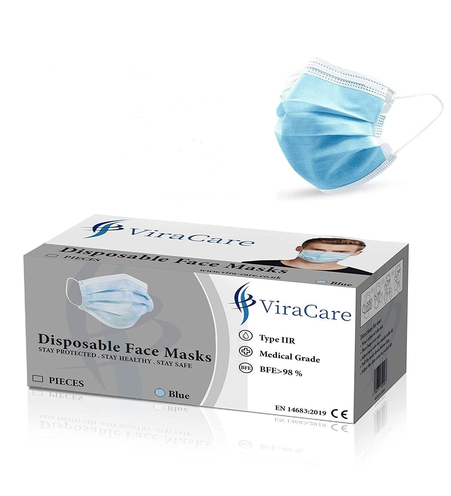 ViraCare 3 Ply Medical Surgical Face Mask Type IIR - 50 Pack | Fluid Resistant, Ear Loop | UK Stock - Buy Online on SooperMarket.com