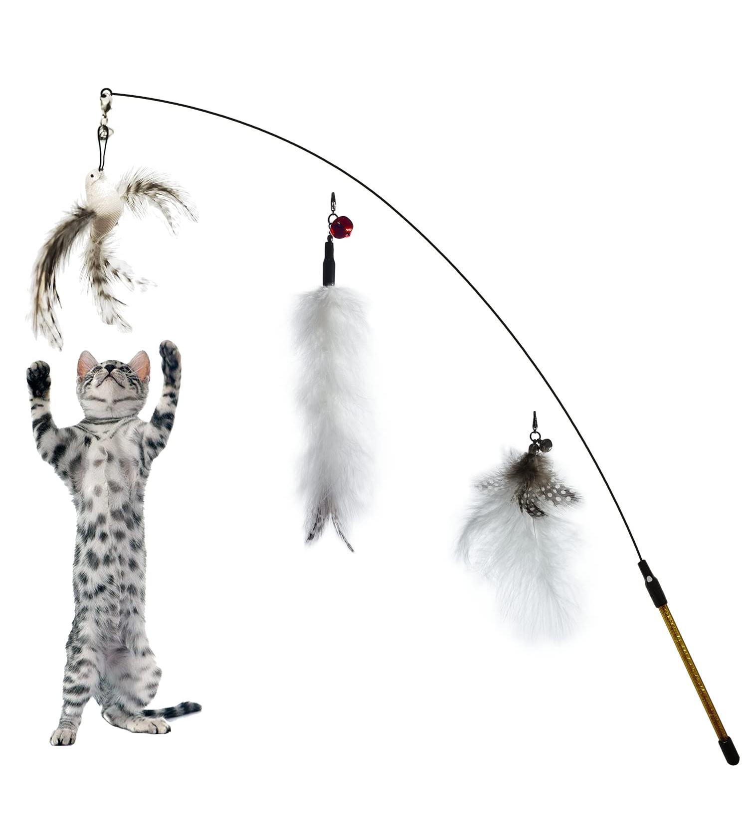 2022 Cat Feather Toy Set - Interactive Kitten Toys with Elastic Wand and Refill Feathers - Indoor Cat Play and Exercise - Buy Online on SooperMarket.com