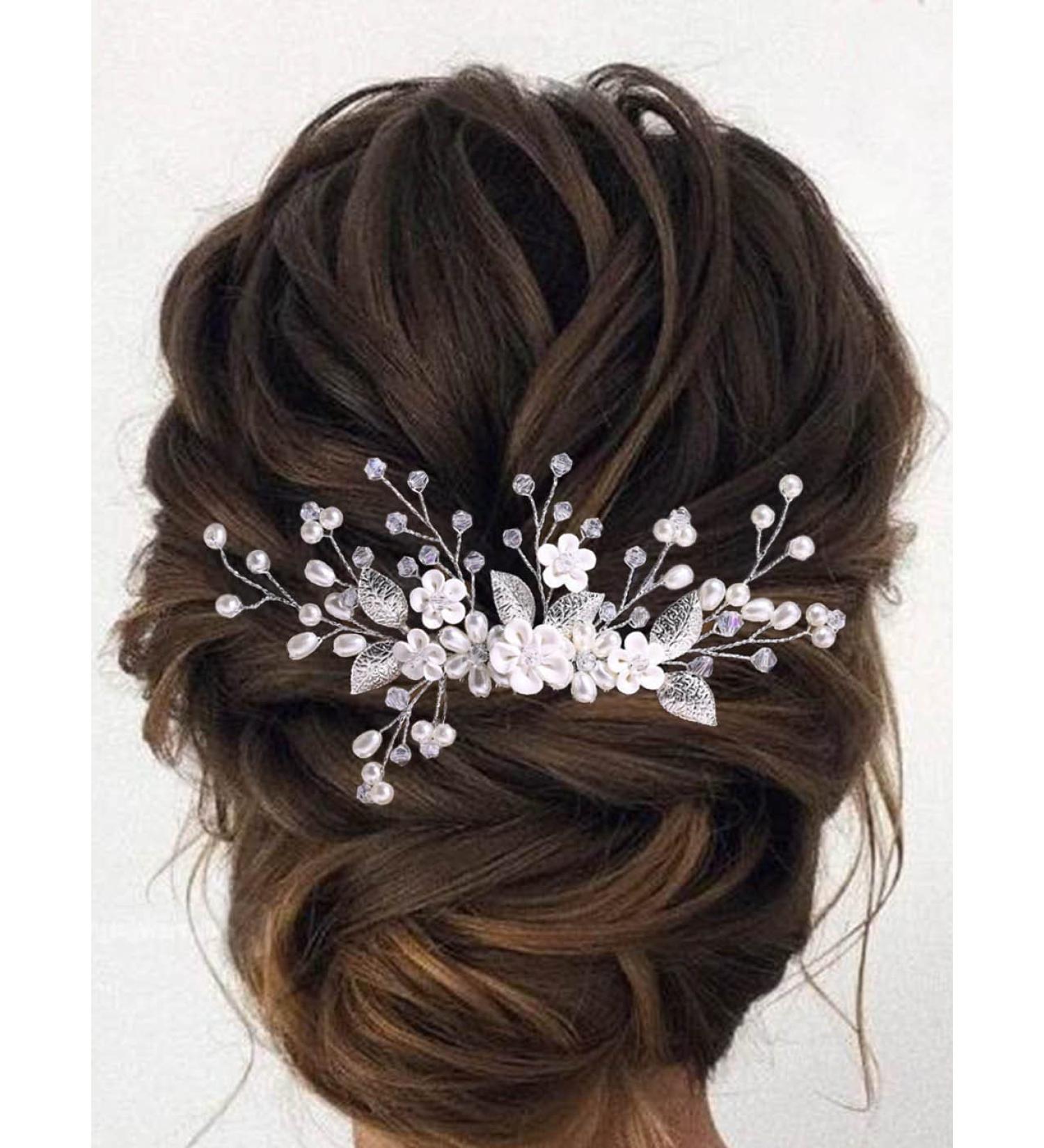 Aukmla Silver Pearl Flower Bride Wedding Hair Comb - Bridal Leaf Headpiece for Women & Girls - Buy Online on SooperMarket.com