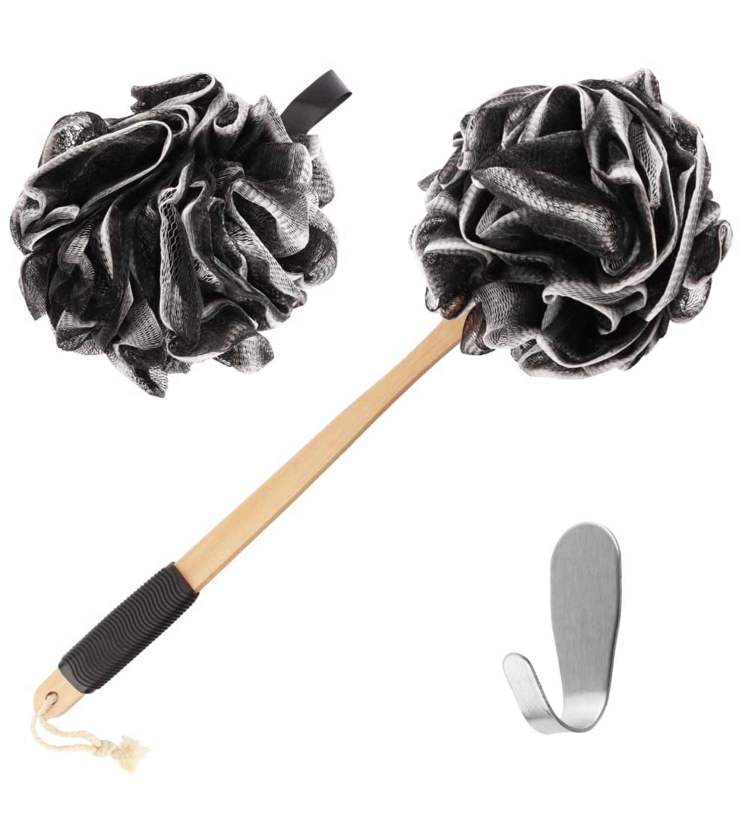 Bamboo Charcoal Infused Loofah Back Scrubber Set for Men & Women | Exfoliating Shower Sponge | Includes 1 Stick Loofah, 1 Luffa Pouf, and Hanging Hook - Black - Buy Online on SooperMarket.com
