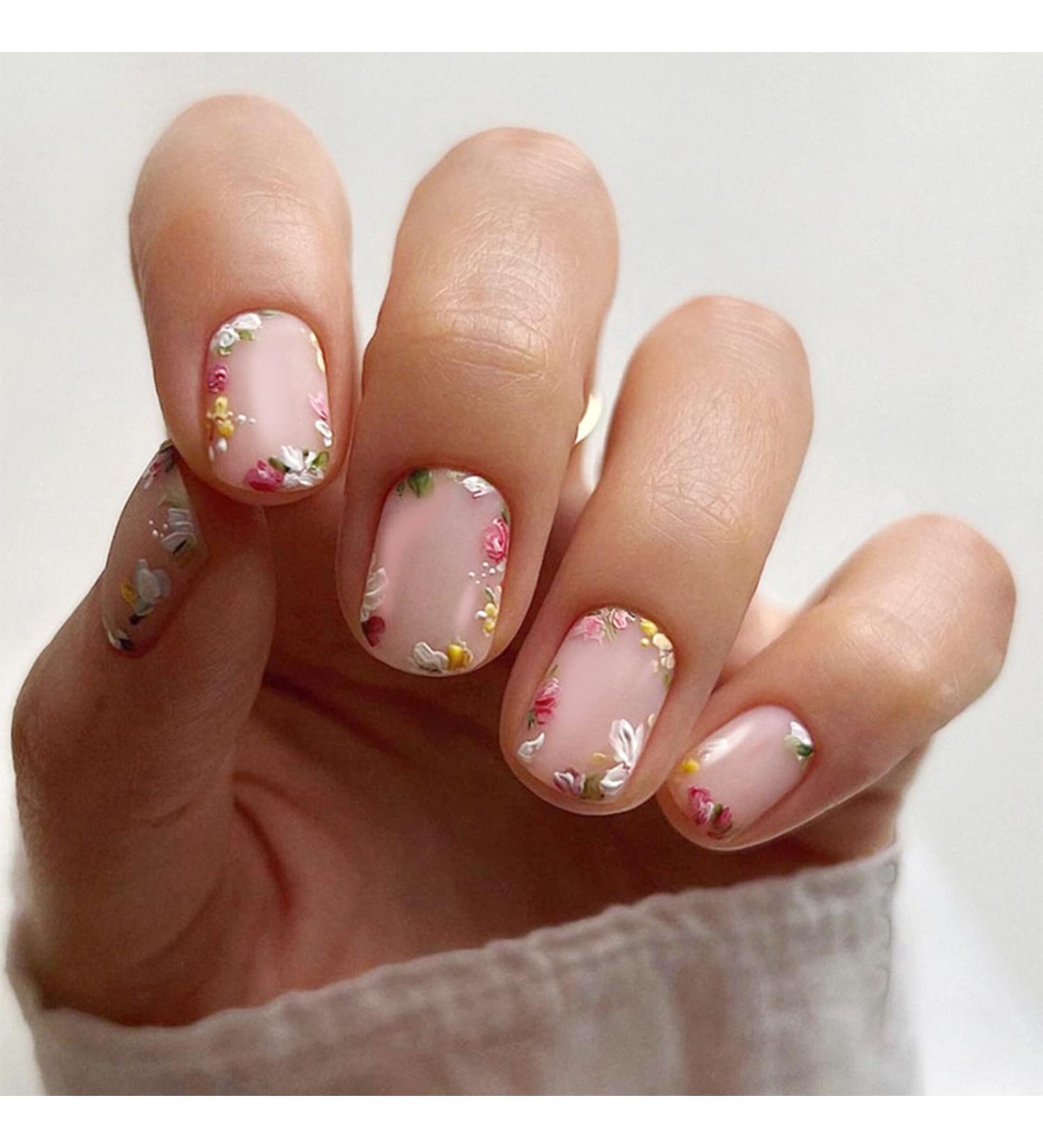 24pcs Short Oval Floral Stick on Nails Nude Pink Press on Nails - 0237Y34 - Buy Online on SooperMarket.com