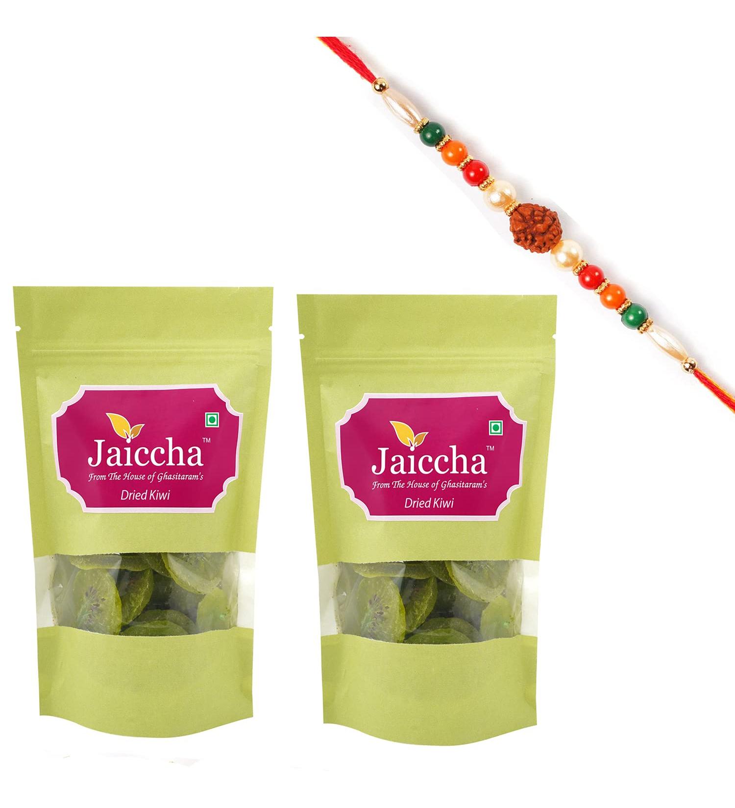 Jaiccha Ghasitaram Rakhi Gifts for Brothers Rakhi Dryfruits - Dried Kiwi 400 GMS in Green Paper Pouch with Rudraksh Rakhi - Buy Online on SooperMarket.com