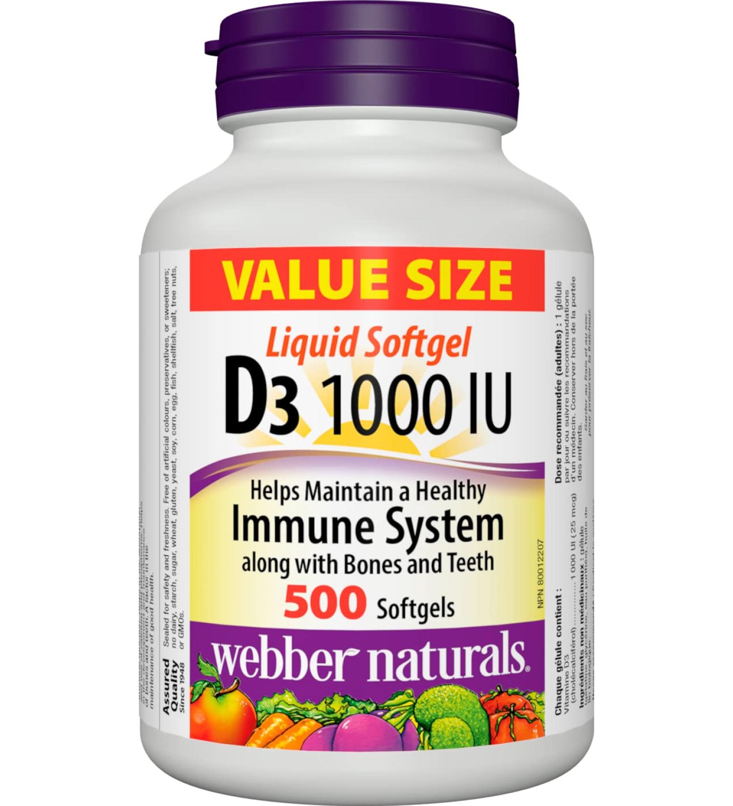 Webber Naturals Vitamin D3 1000 IU 500 Softgels For Healthy Bones Teeth and the Maintenance of Good Health 500 count (Pack of 1) - Buy Online on SooperMarket.com