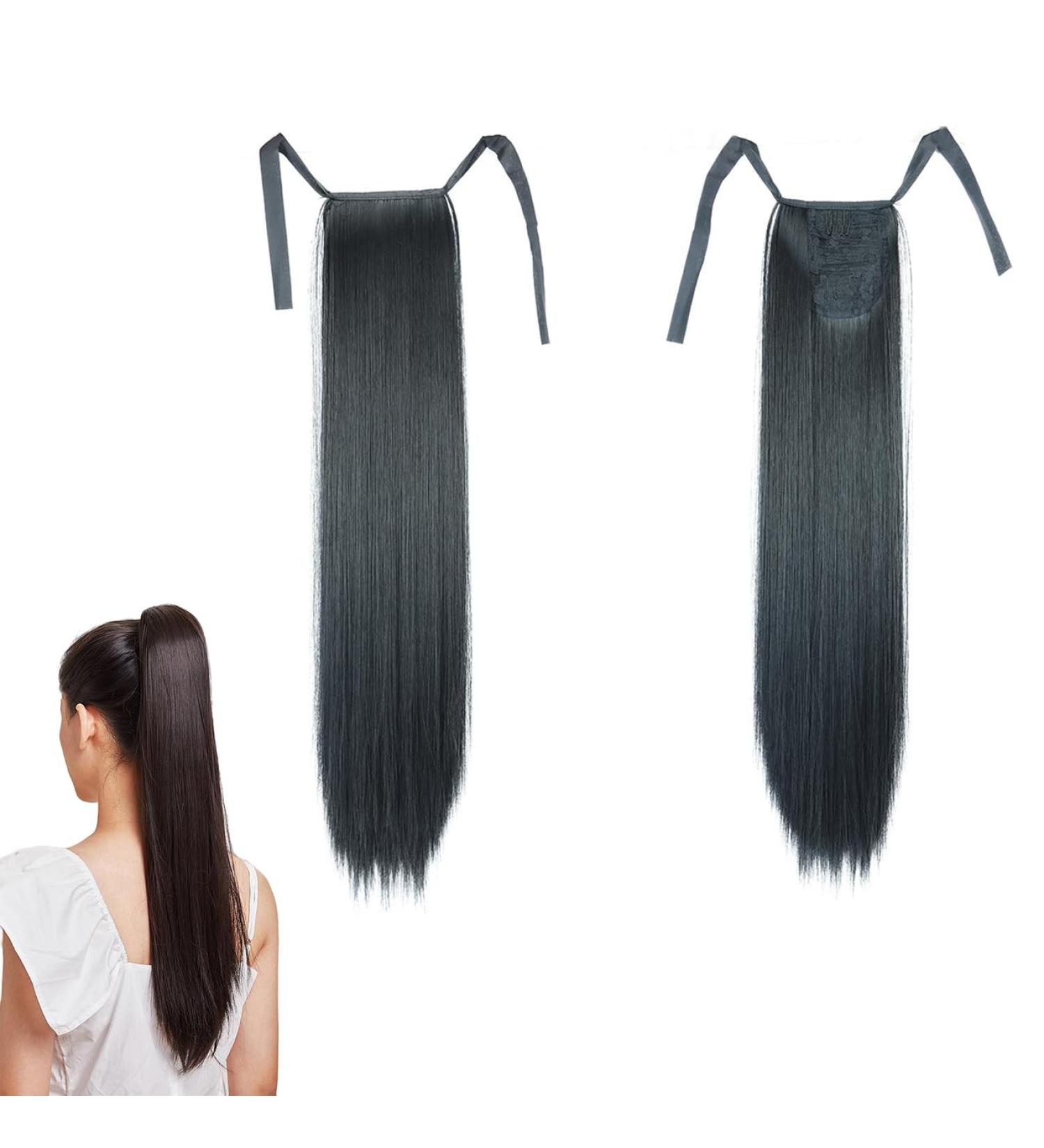 Prinfantasy Straight Long Halo Hair Extension | Black Synthetic Ponytail Clip | 22 Inch Wrap Around Hairpiece for Women - Buy Online on SooperMarket.com