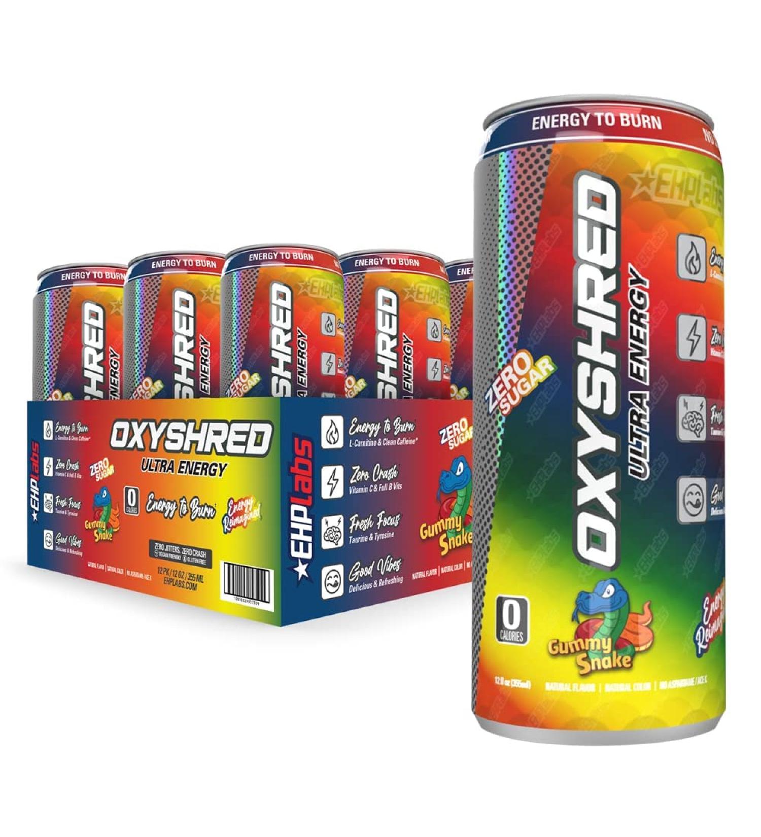 EHPlabs OxyShred Ultra Energy Drink Gummy Snake (12-Pack) - Zero Sugar, Zero Carbs, Zero Calories, Natural Clean Caffeine with B Vitamins & Amino Acids - Buy Online on SooperMarket.com