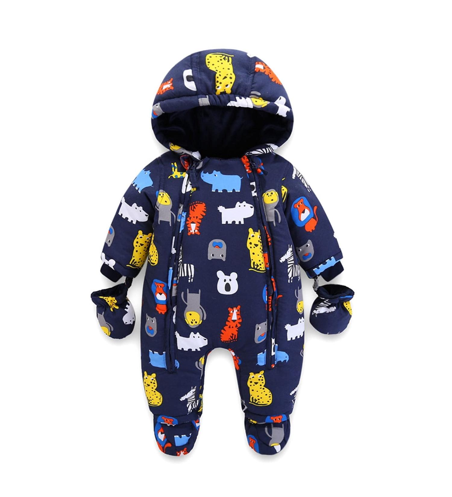 Lobmouse Baby Winter Snowsuit Jumpsuit | Hooded Romper for Boys & Girls | Thick & Warm Infant Coat Outfit | Dark Blue Animals | 18-24 Months - Buy Online on SooperMarket.com
