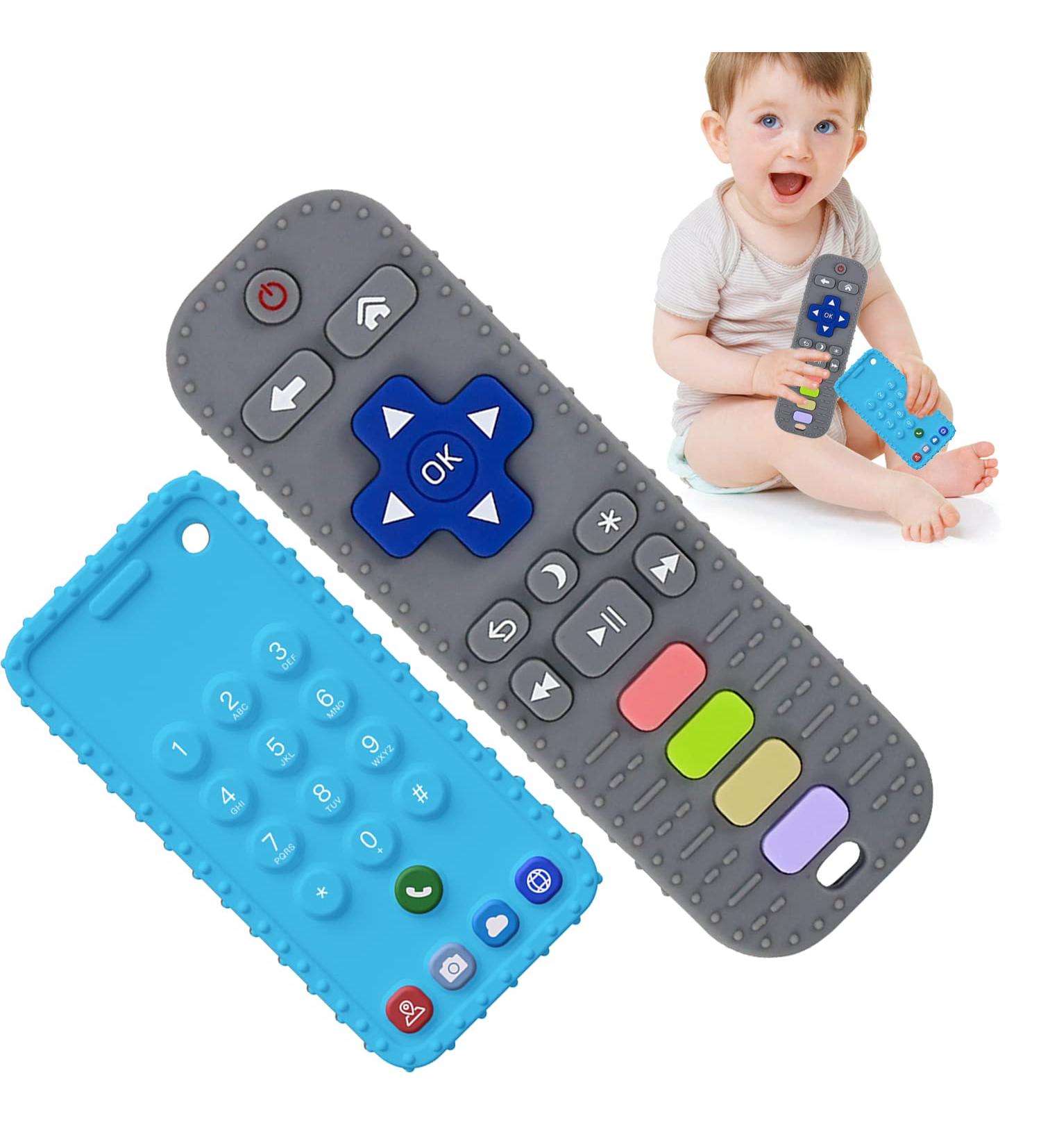 Silicone Remote Control Shape Baby Teething Toys 2 Pack | Chew Toys for Boys and Girls | Silicone Teether Toy for Babies 3-12 Months | Grey+Blue - Buy Online on SooperMarket.com