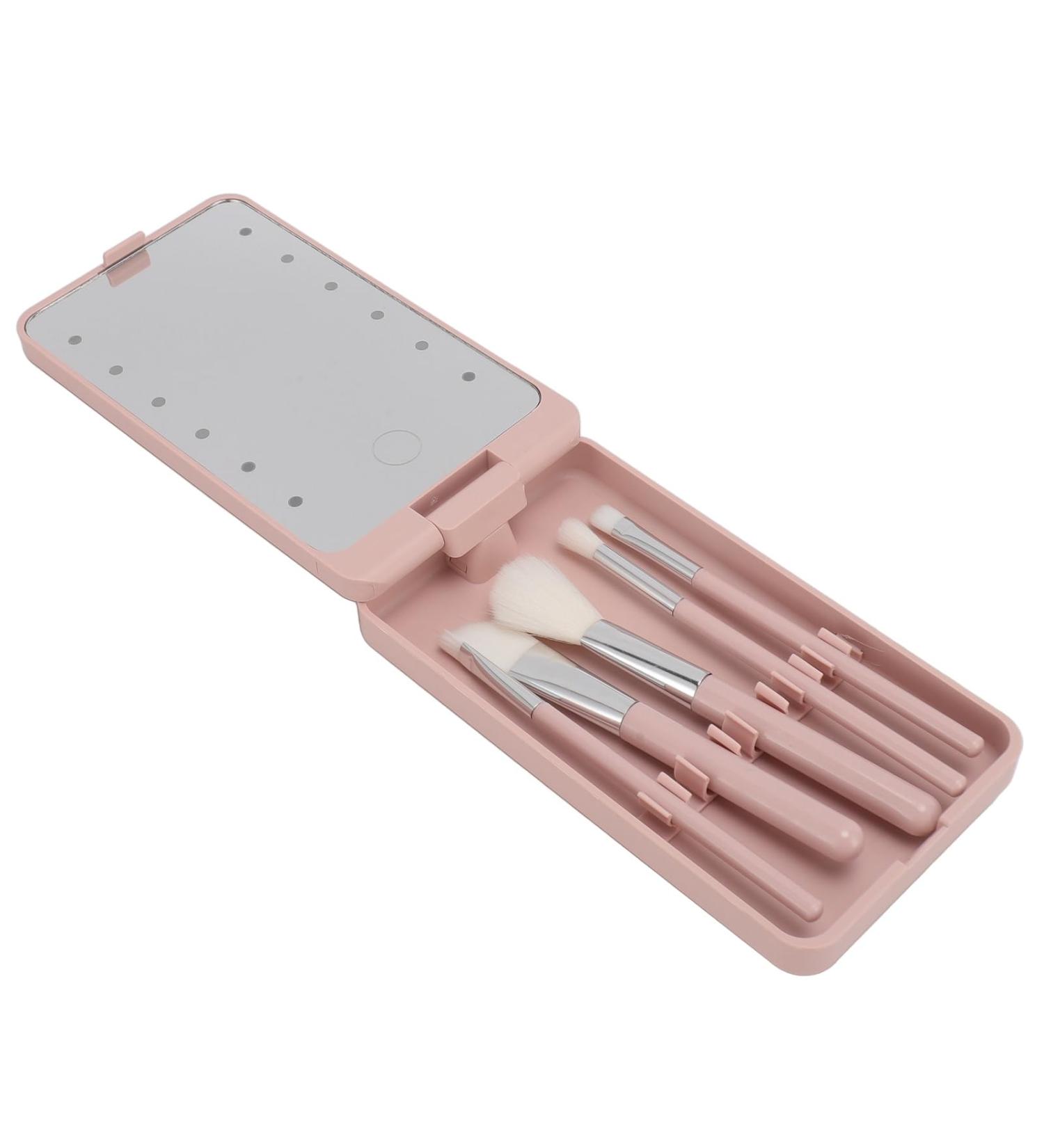 Rotating & Folding Makeup Brush Set with LED Mirror | Ideal for Travel Dorms & Home - Perfect for Makeup & Eyebrow Grooming - Buy Online on SooperMarket.com