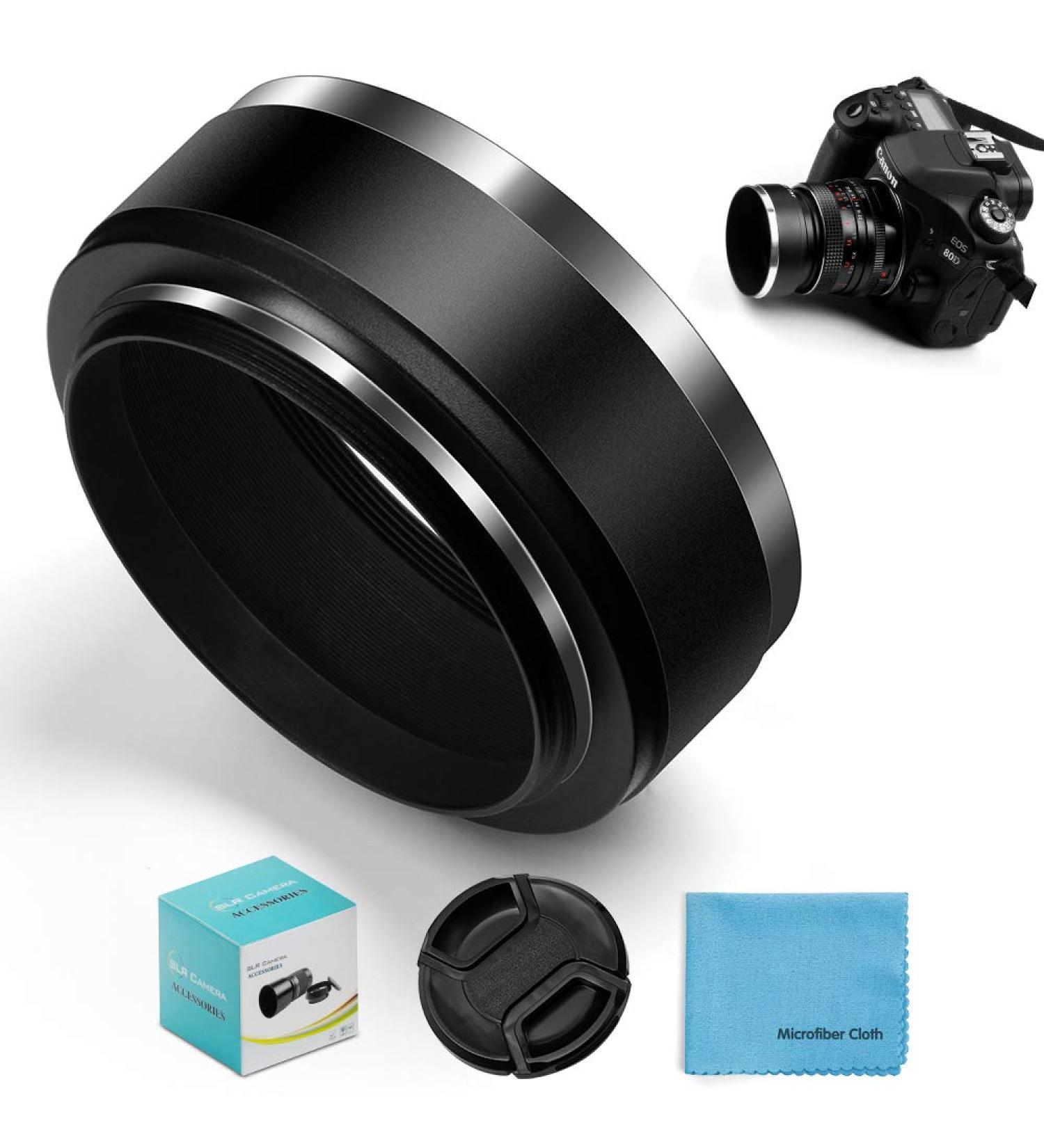 52mm Metal Standard Lens Hood Sunshade + Lens Cap for Canon Nikon Sony - Includes Cleaning Cloth - Buy Online on SooperMarket.com