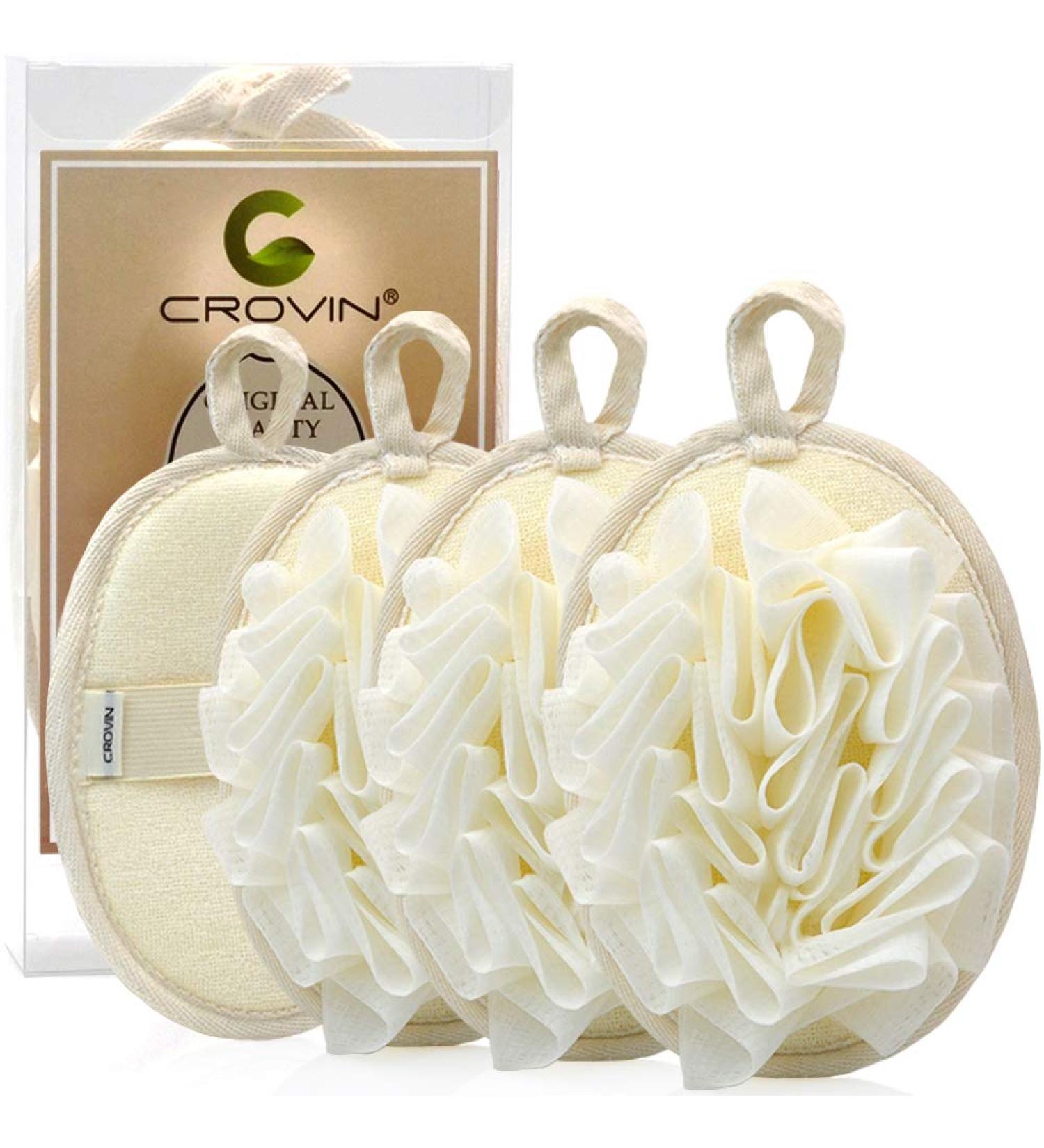 Crovin Bath Shower Pouf Sponge - 4 Pack Exfoliating Mesh Loofah Scrubber with Hand Strap for Men and Women - Premium Body Brush for Skin Cleansing and Soothing - Buy Online on SooperMarket.com