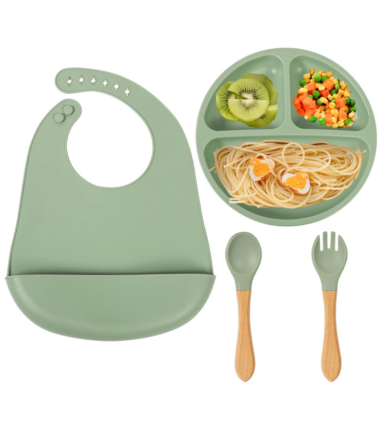4 Piece Baby Weaning Set: Silicone Suction Divided Plate, Adjustable Bib, Spoon, Fork - Baby Led Feeding Supplies for Baby and Toddlers - Buy Online on SooperMarket.com