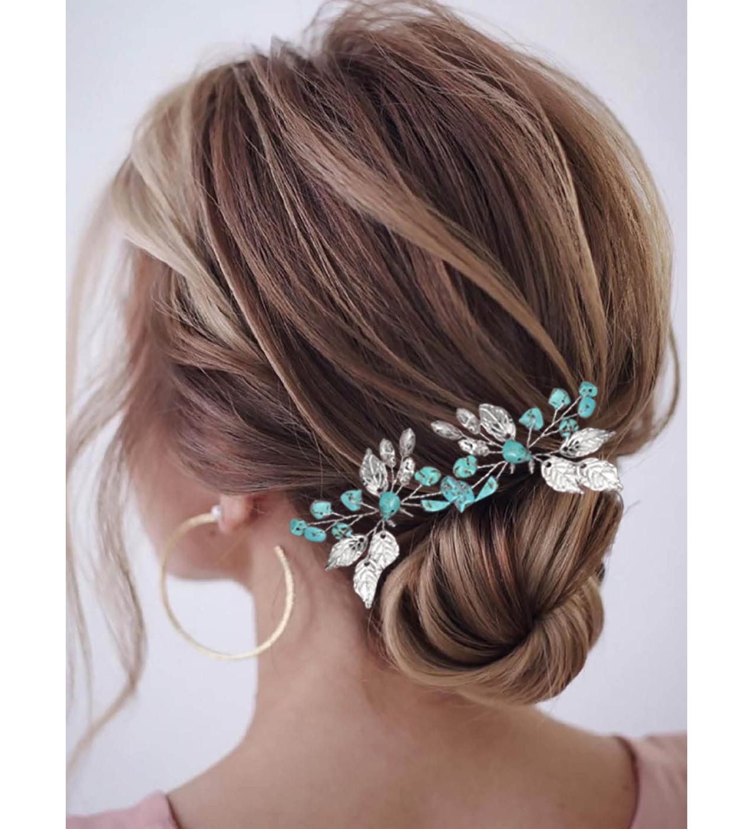 Earent Turquoise Leaf Crystal Wedding Hair Pins - Bridal Hair Accessories for Women and Girls (Pack of 2) - Buy Online on SooperMarket.com