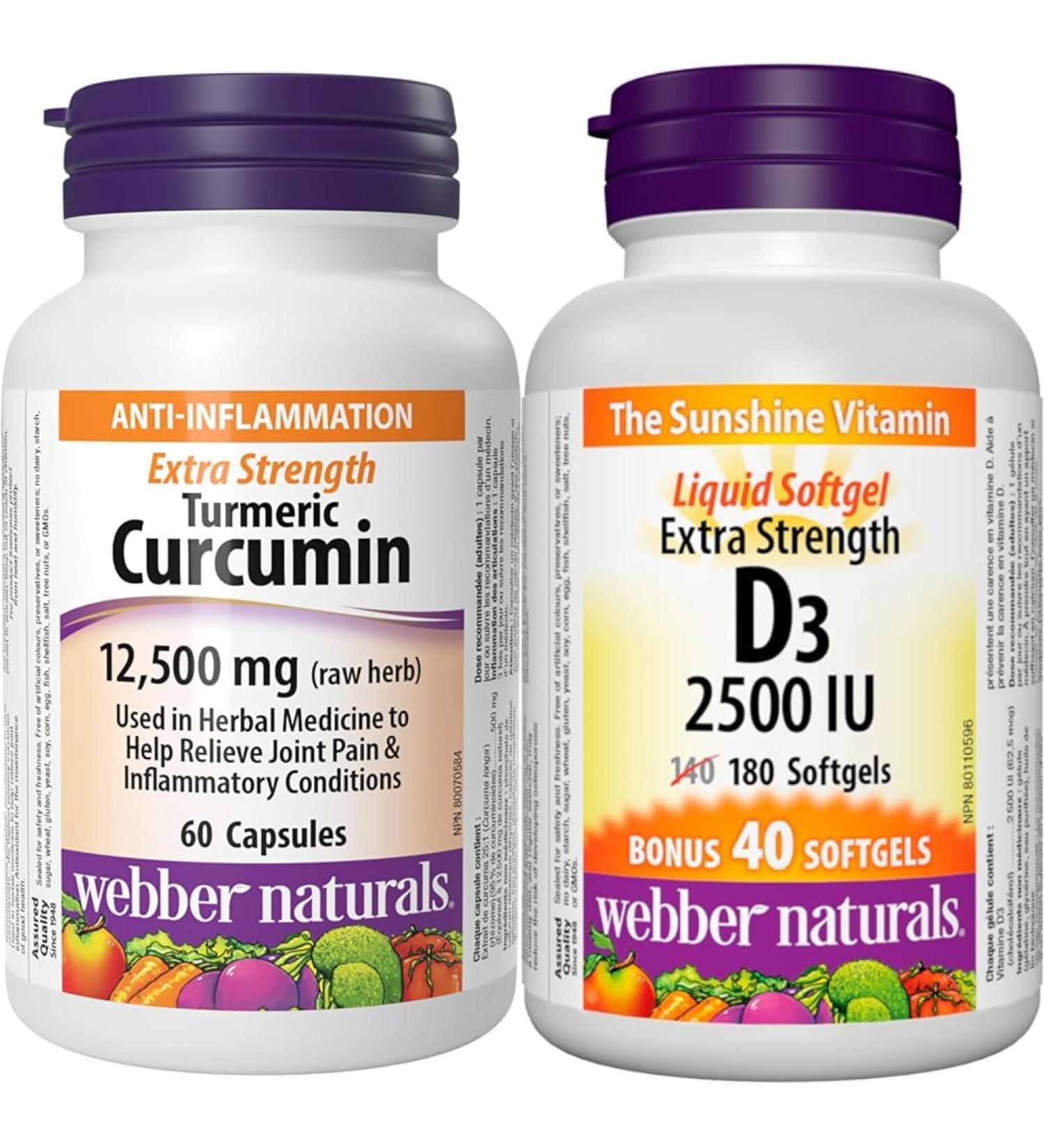 Webber Naturals Turmeric Curcumin Extra Strength & Vitamin D3 2500 IU Extra Strength 180 Softgels For Healthy Bones Teeth and Helps Prevent Vitamin D Deficiency Herbal Supplement + Vitamin D3 Turmeric Curcumin 60 count (Pack of 1) - Buy Online on SooperMarket.com