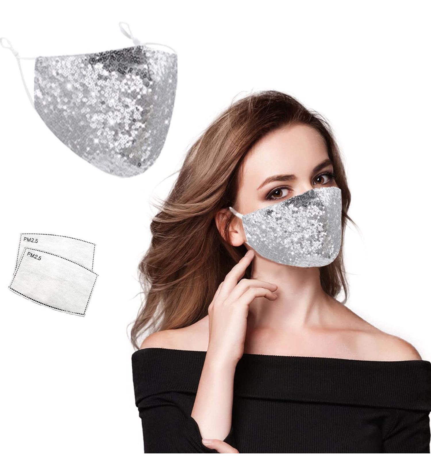Bling Sequin Fashion Face Mask for Women | Sparkly Glitter with 2 Filters | Reusable Washable Silver - Buy Online on SooperMarket.com