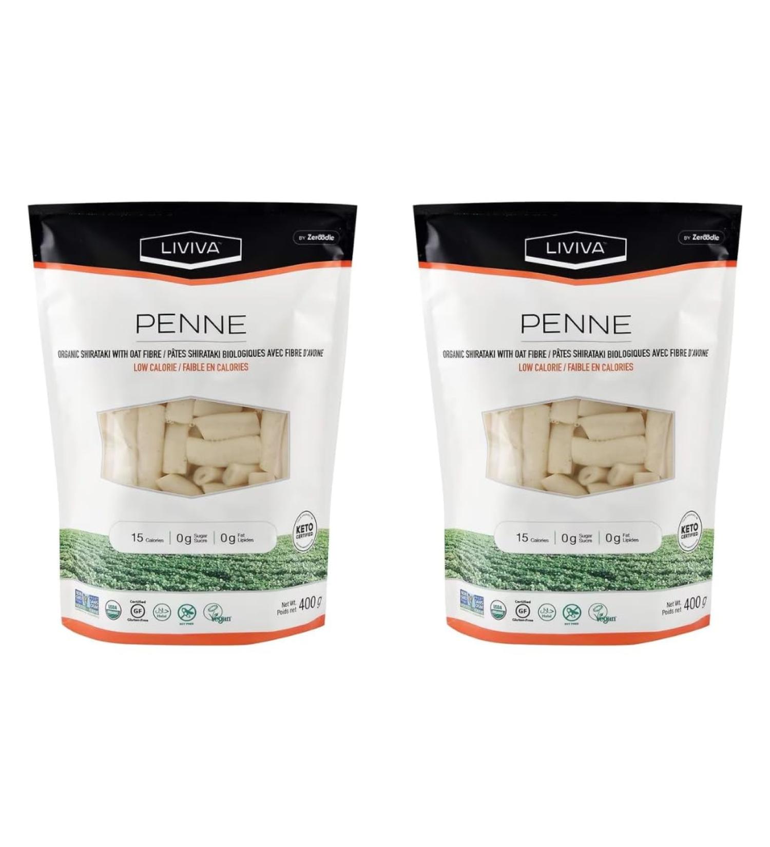 LIVIVA Organic Shirataki Konjac Penne (2 Pk) Diabetic-Friendly Low Carb Low Calorie Pasta Noodles Ready to Serve No Odor Certified Non-GMO Gluten Free Vegan Plant-Based Keto Kosher Halal - Buy Online on SooperMarket.com