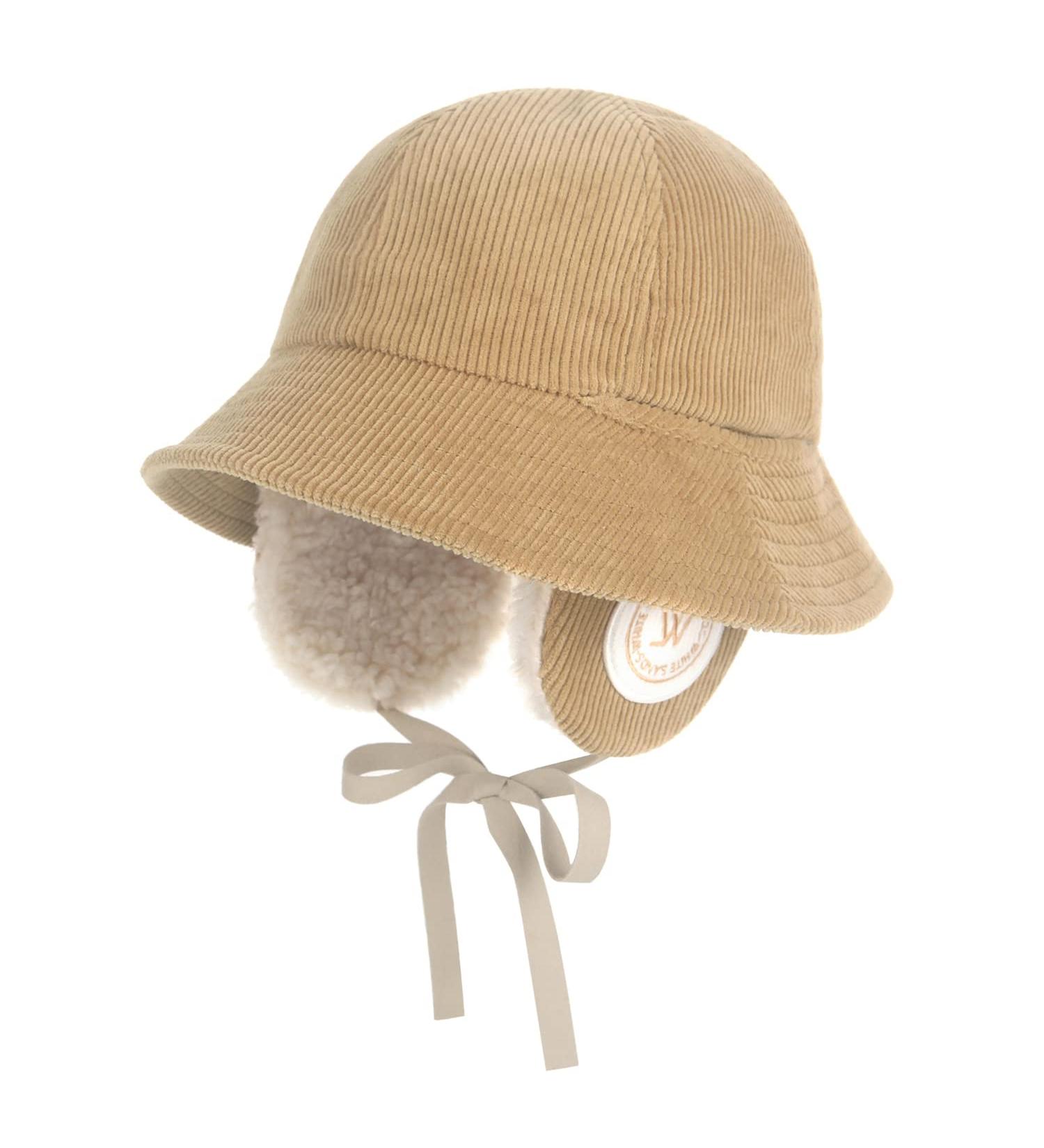 Corduroy Earmuff Bucket Hat with Ear Flaps and Chin Strap - Beige - Buy Online on SooperMarket.com