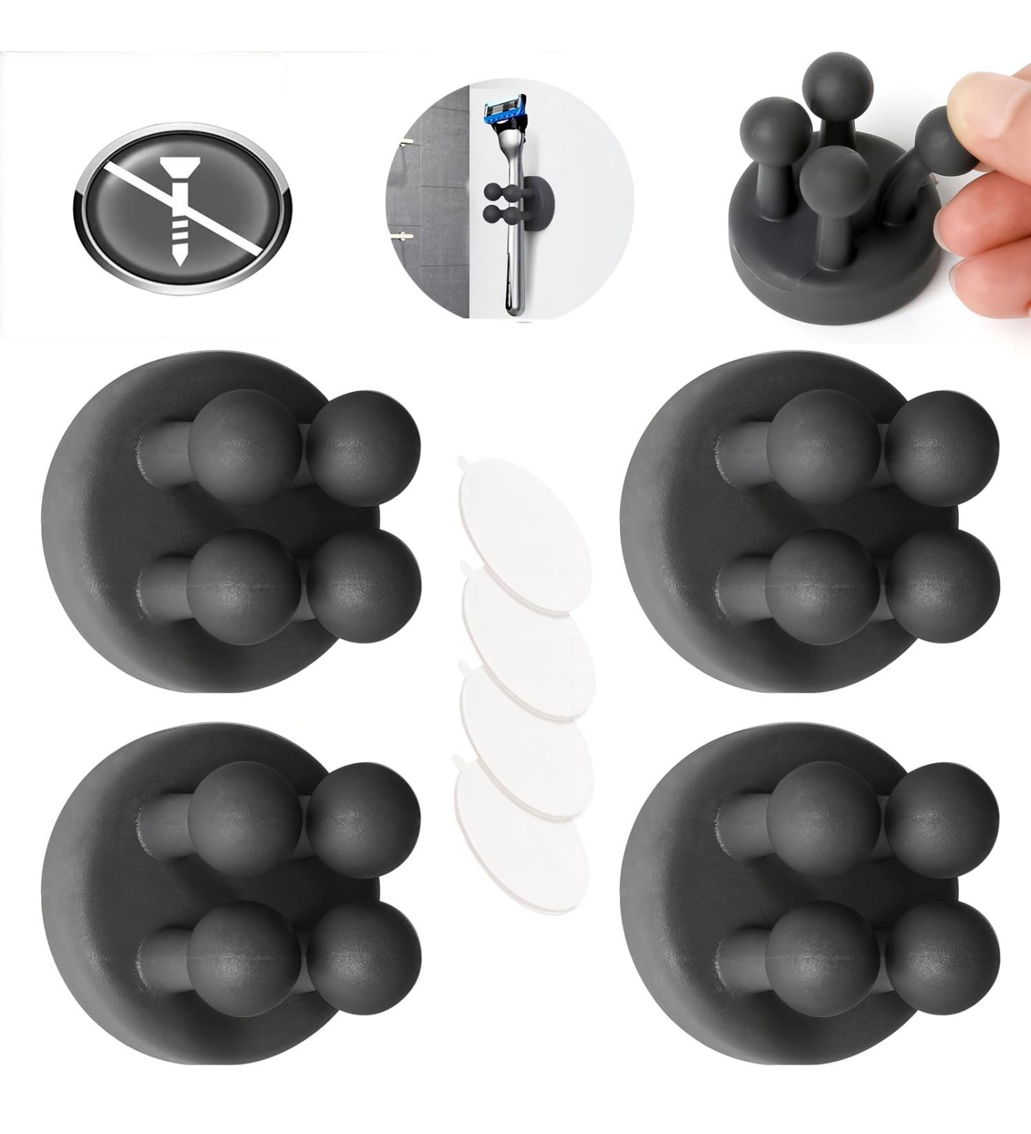 4-Piece Silicone Wall Hook Set - Self-Adhesive Hooks for Bathroom Kitchen & Office - Black Toothbrush Holder Key Hook Cable Holder & Razor Bracket - Buy Online on SooperMarket.com