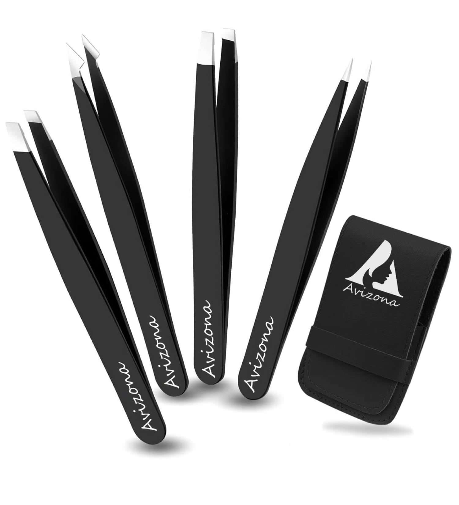 Avizona Set of 4 Precision Tweezers for Facial Hair - Professional Eyebrow Tweezers for Women & Men - Black Color Coated - Includes Leather Pouch - Buy Online on SooperMarket.com