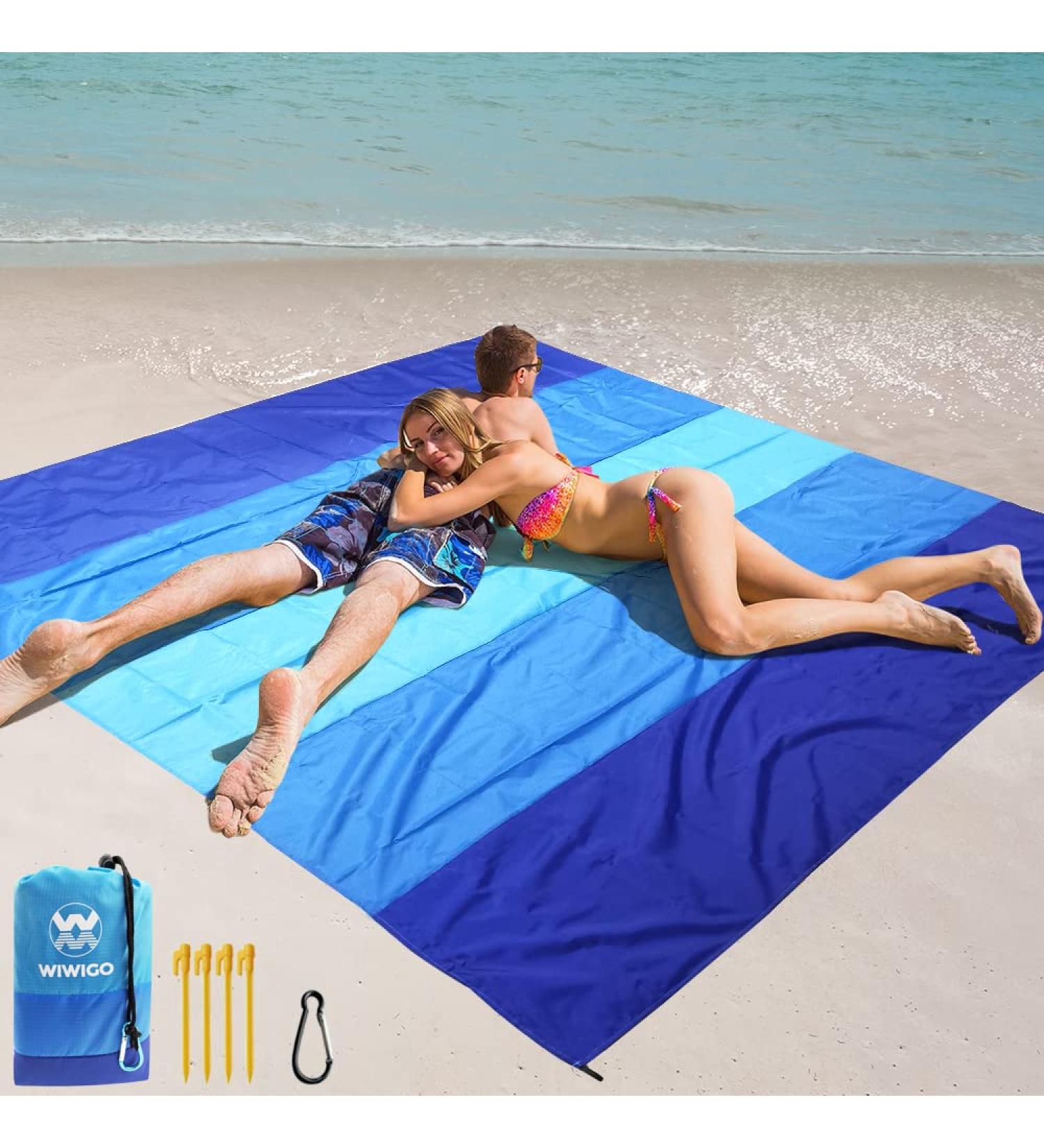WIWIGO Sandproof Beach Blanket 79 X 83 - Waterproof Outdoor Picnic Mat for Travel, Camping, Hiking - Blue - Buy Online on SooperMarket.com