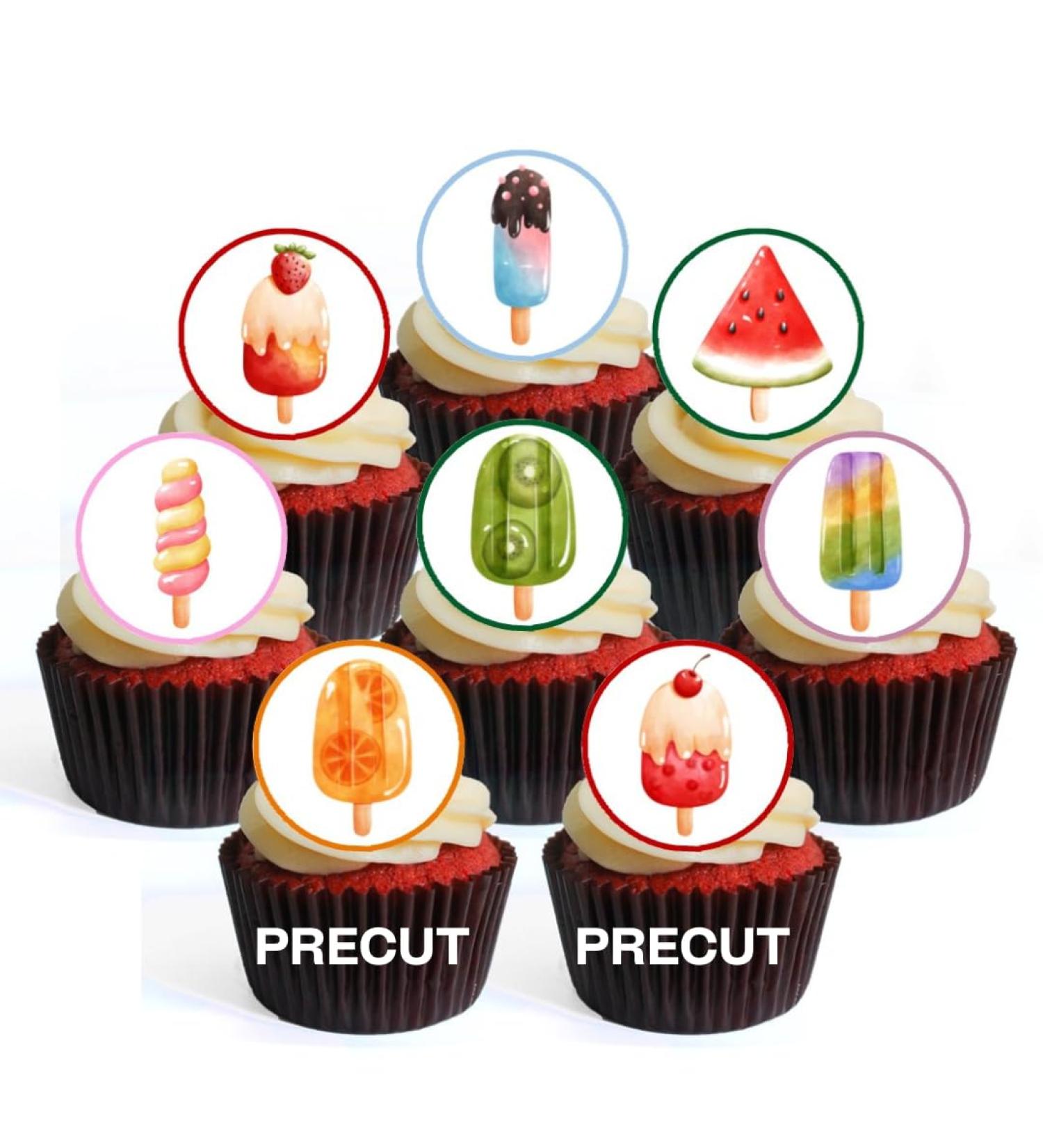 PRECUT Ice Lolly Edible Cupcake Toppers - Summer Ice Cream Theme Premium Thickness SWEETENED VANILLA - wafer card disc cake decorations (Pack of 24) - Buy Online on SooperMarket.com