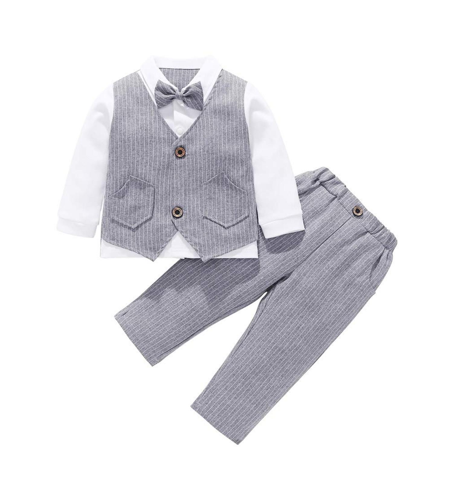 AmzBarley Baby Boys Gentleman Suit | Long/Short Sleeve Shirt Pants Vest Bowtie Tuxedo Romper | Grey | 1-2 Years - Buy Online on SooperMarket.com