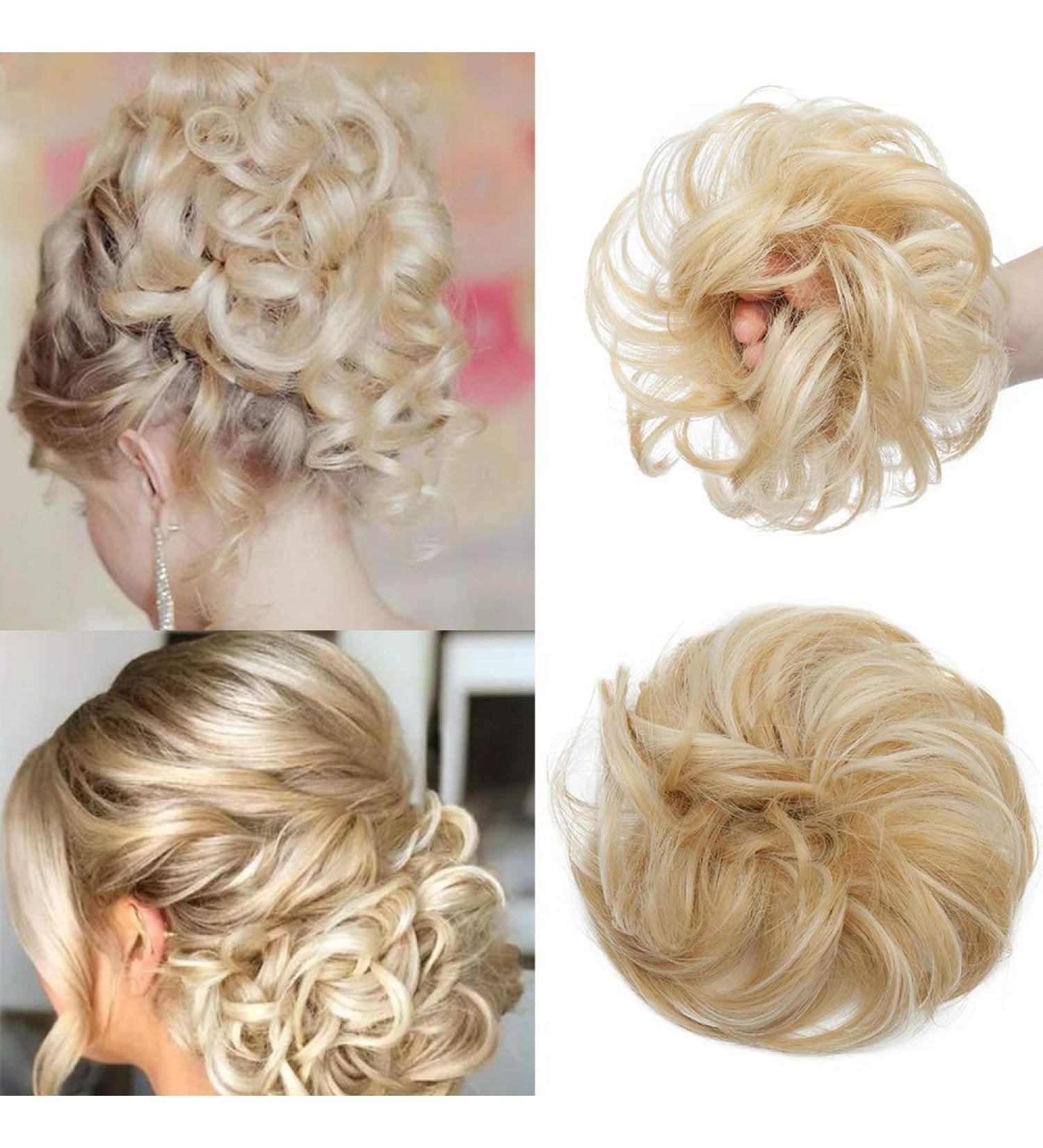 Golden & Bleach Blond Updo Ponytail Hair Extension | Messy Bun Scrunchie Curly Wavy Hairpiece for Women - 35g - Buy Online on SooperMarket.com