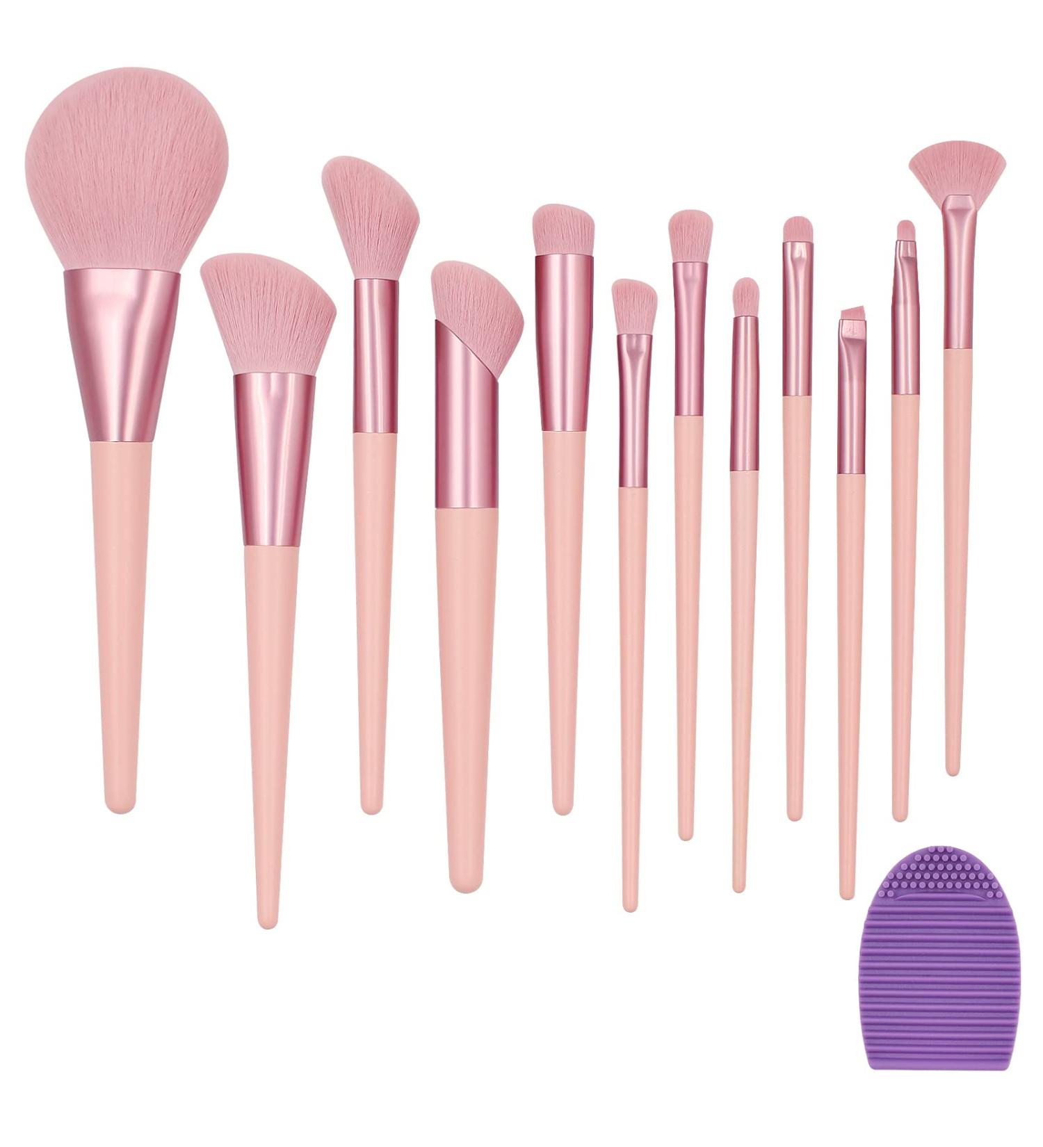 Premium Synthetic Pink Makeup Brush Set with Cleaning Mat - 12pcs Kabuki Powder, Blush, Foundation, Concealer, Eye Shadow Brushes | Makeup Tools - Buy Online on SooperMarket.com