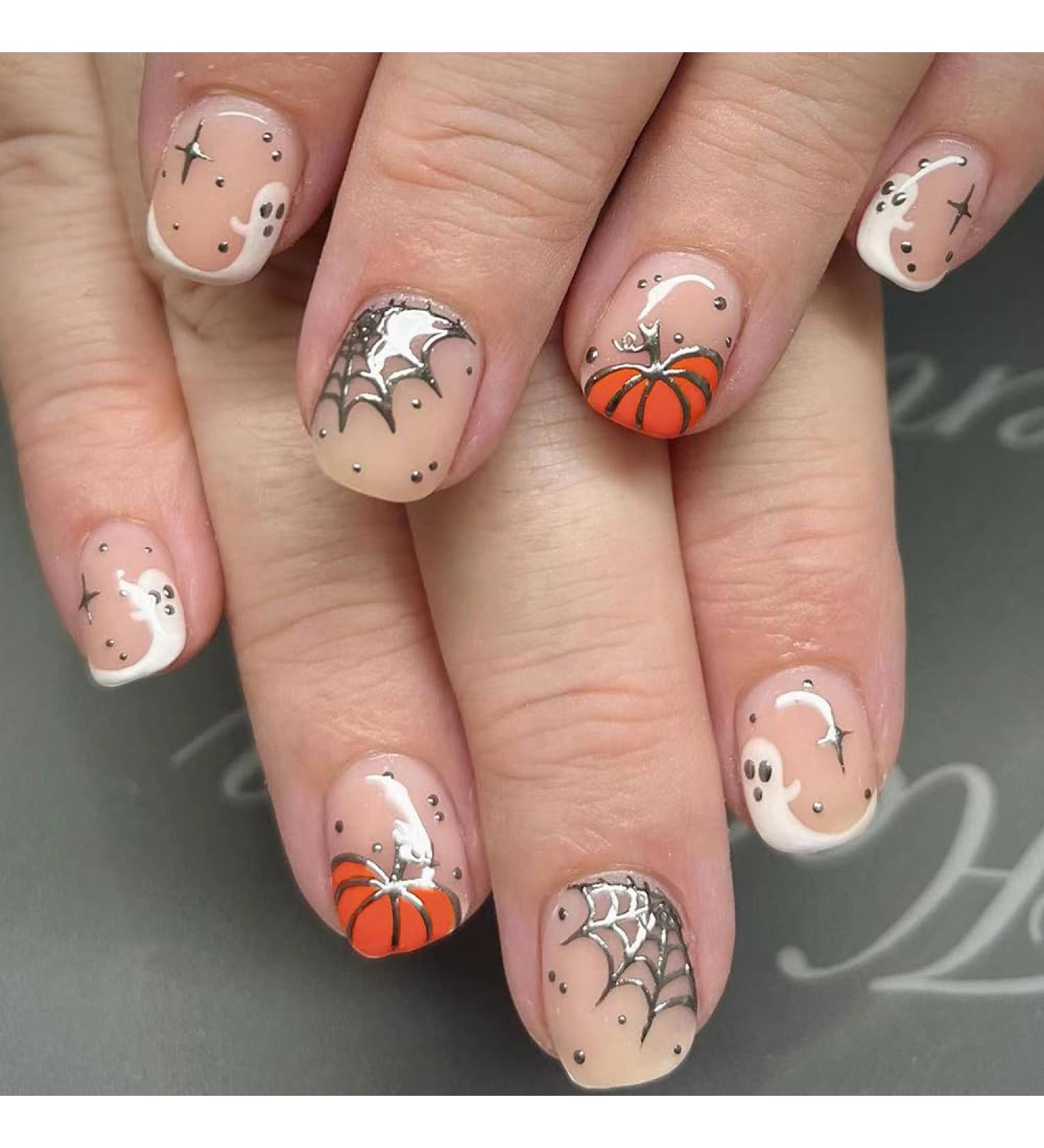 24 Pcs Halloween Press On Nails - Short Square Design with Pumpkins & Ghosts - Full Cover Acrylic Nails with Glue for Women - Buy Online on SooperMarket.com