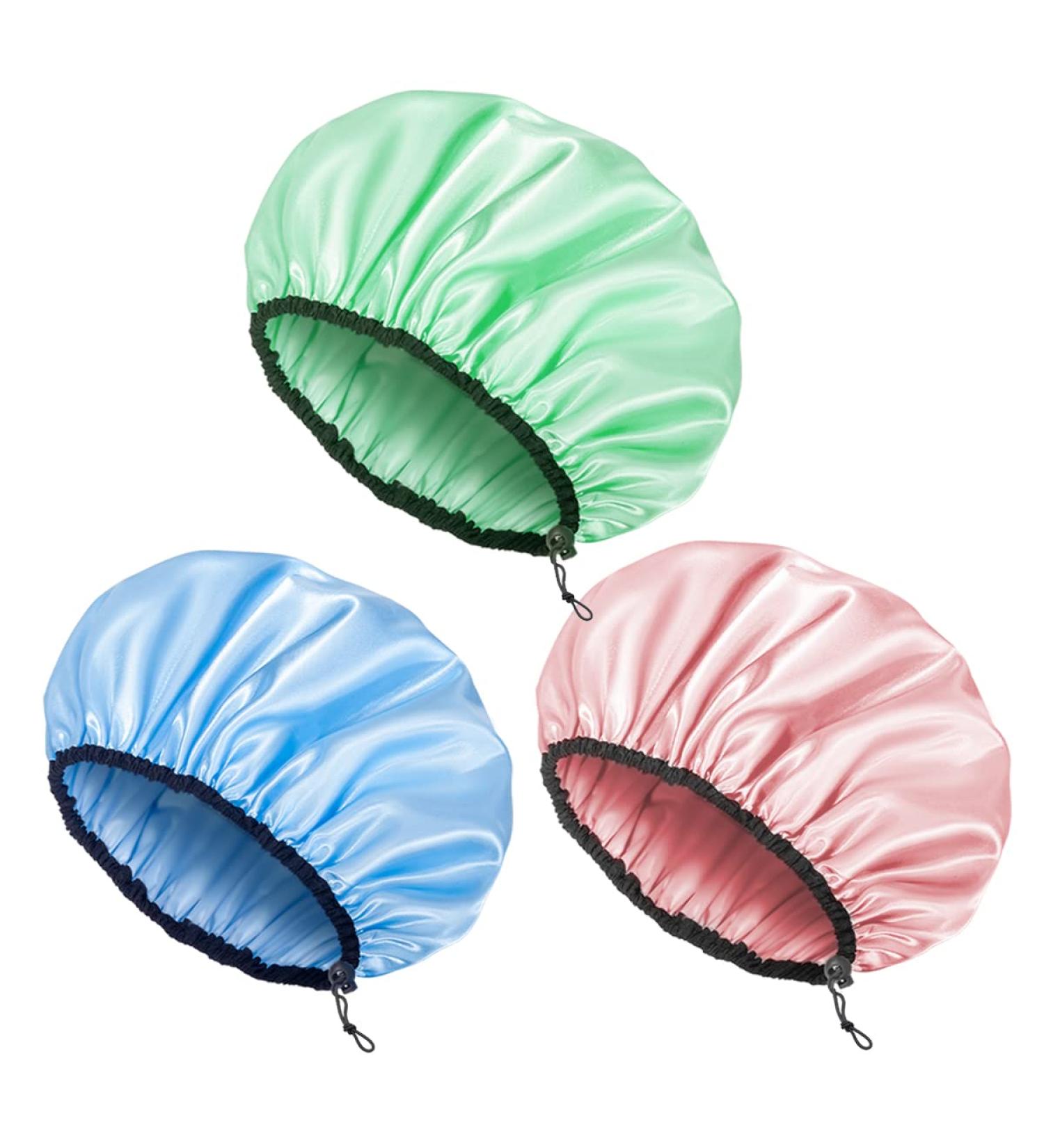 Auban Reusable Shower Cap for Women | Waterproof Satin Exterior | EVA Lining | Extra Large & Adjustable Hair Cap | 3 Colors (Blue, Pink, Green) - Buy Online on SooperMarket.com
