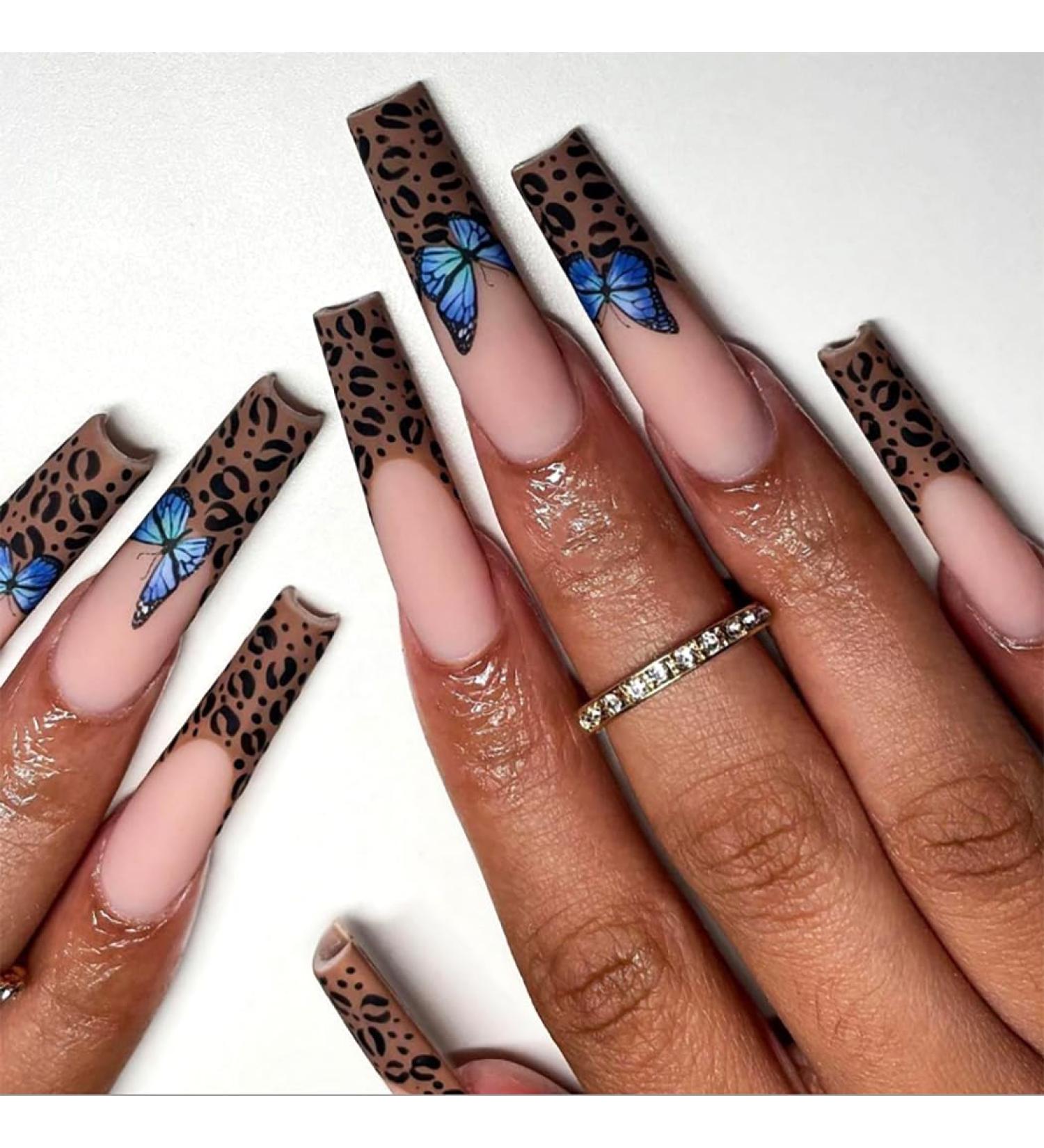 Brishow Leopard Long French Press-On Nails - 24PC Butterfly False Nails for Women & Girls | International Shipping Available - Buy Online on SooperMarket.com