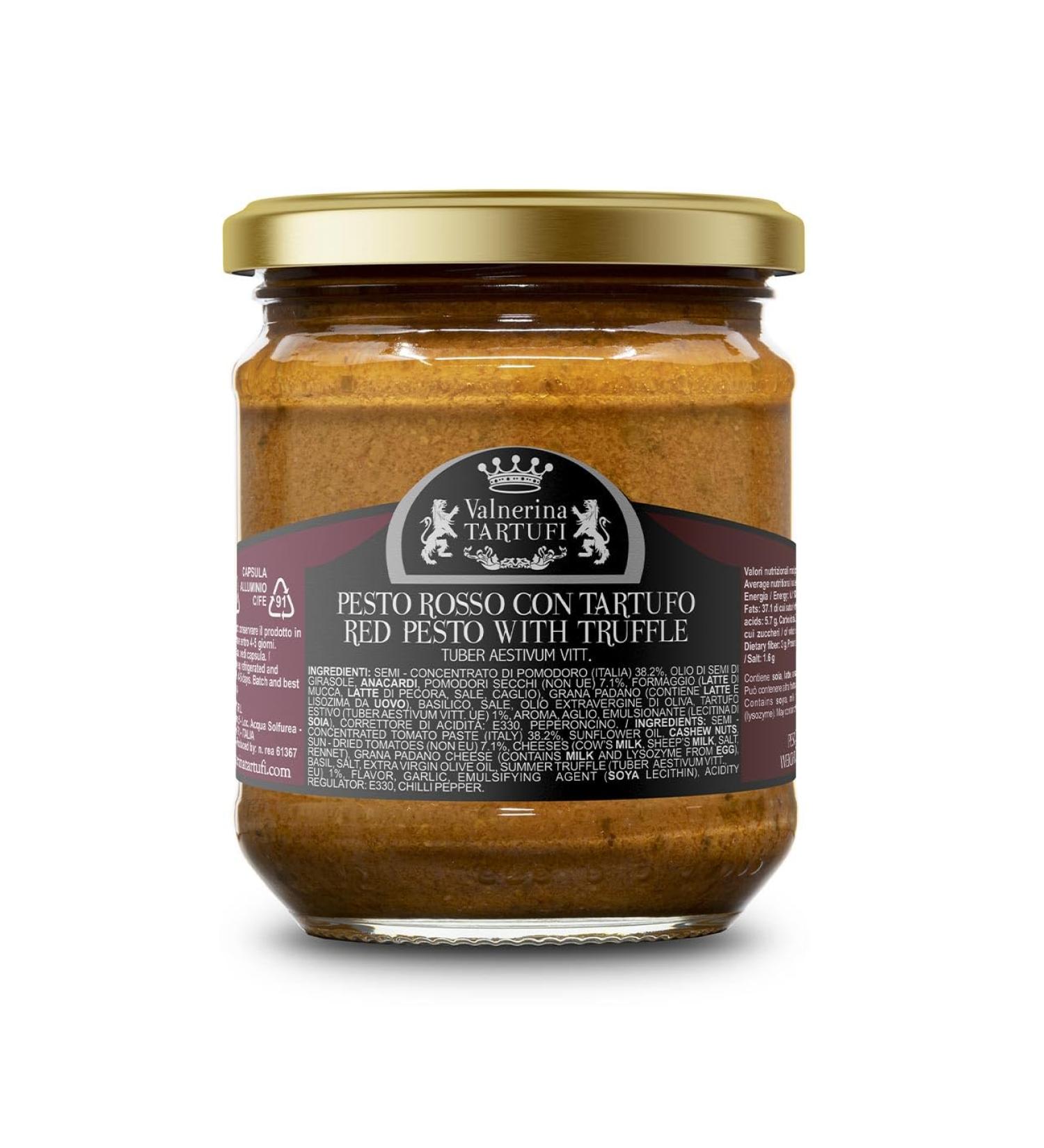 Valnerina Tartufi Italian Pesto Rosso Sauce with Summer Black Truffle - 180g Jar | Pasta Seasoning Sugo | Gastronomic Specialty - Buy Online on SooperMarket.com