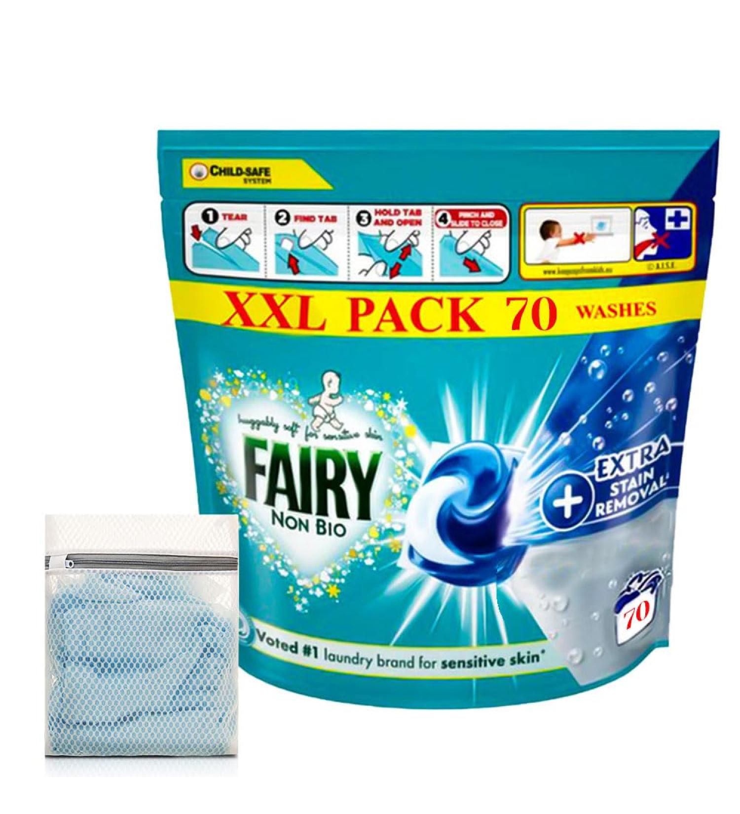 Direct Mart Fairy Non-Bio PODS Washing Liquid Laundry Detergent Capsules Tablets 70 Washes | with 47cm x 32cm Washing Laundry Bags for Socks Underwear Bra and More - Buy Online on SooperMarket.com