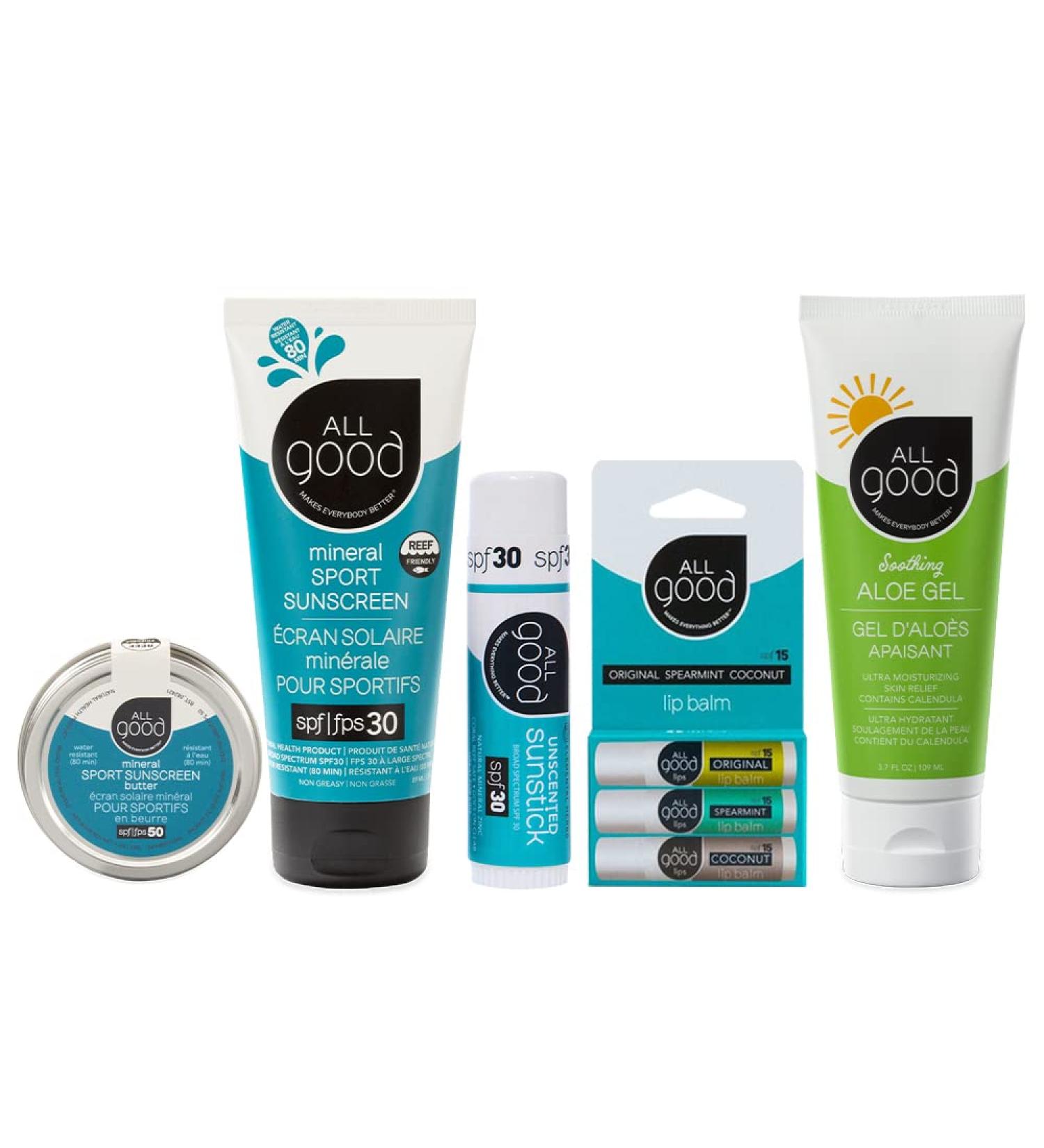 All Good Mineral Sun Care Set - SPF 15 Aloe Gel, Lip Balm, Sport Sunscreen, Zinc Butter, & Sunstick - Buy Online on SooperMarket.com