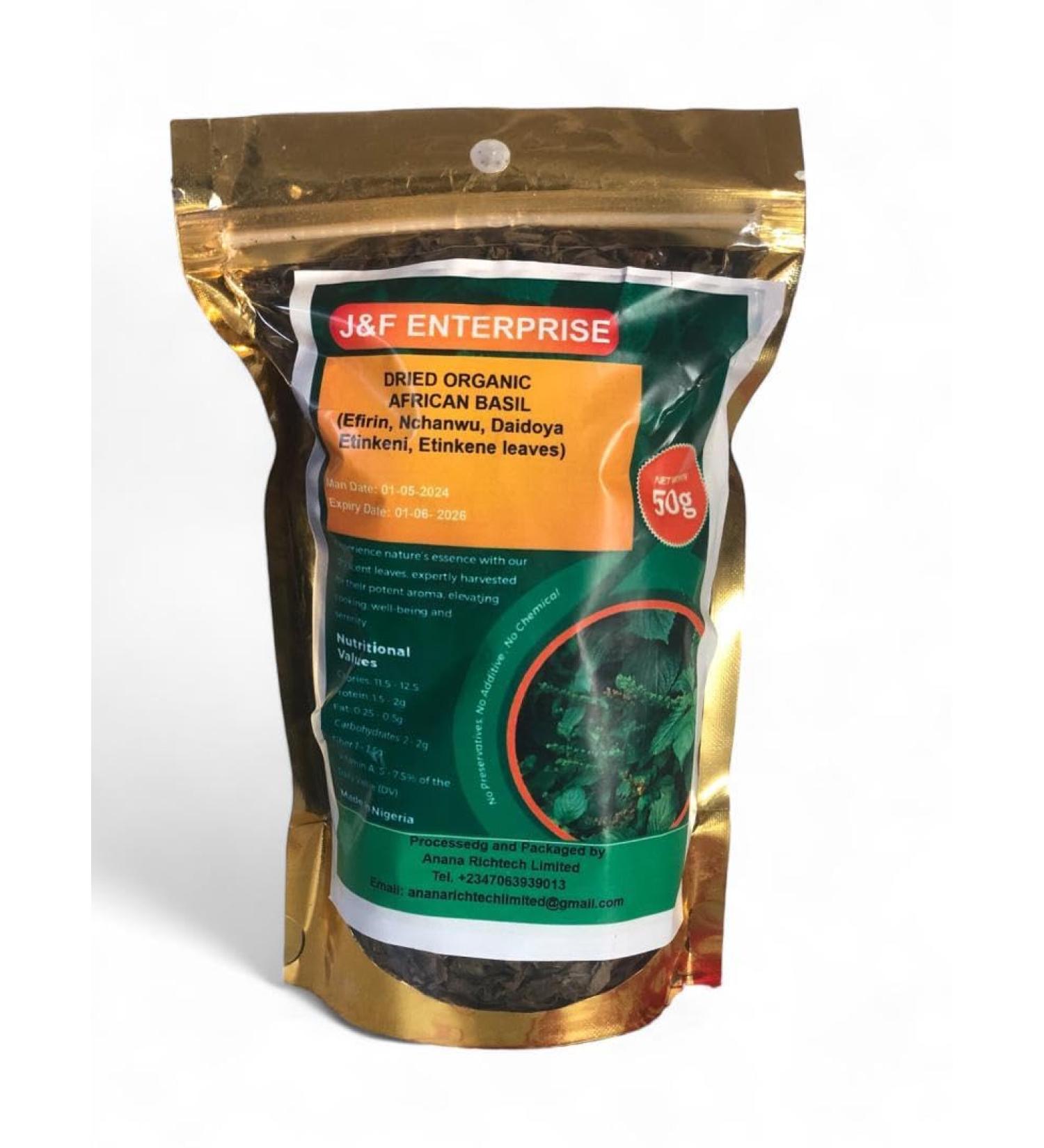 Dried Organic African Basil (Efirin Nchanwu Etinkeni Etinkene Ubekbe Arigbe) - 50g - Authentic Flavorful Spices for Cooking and Garnishing