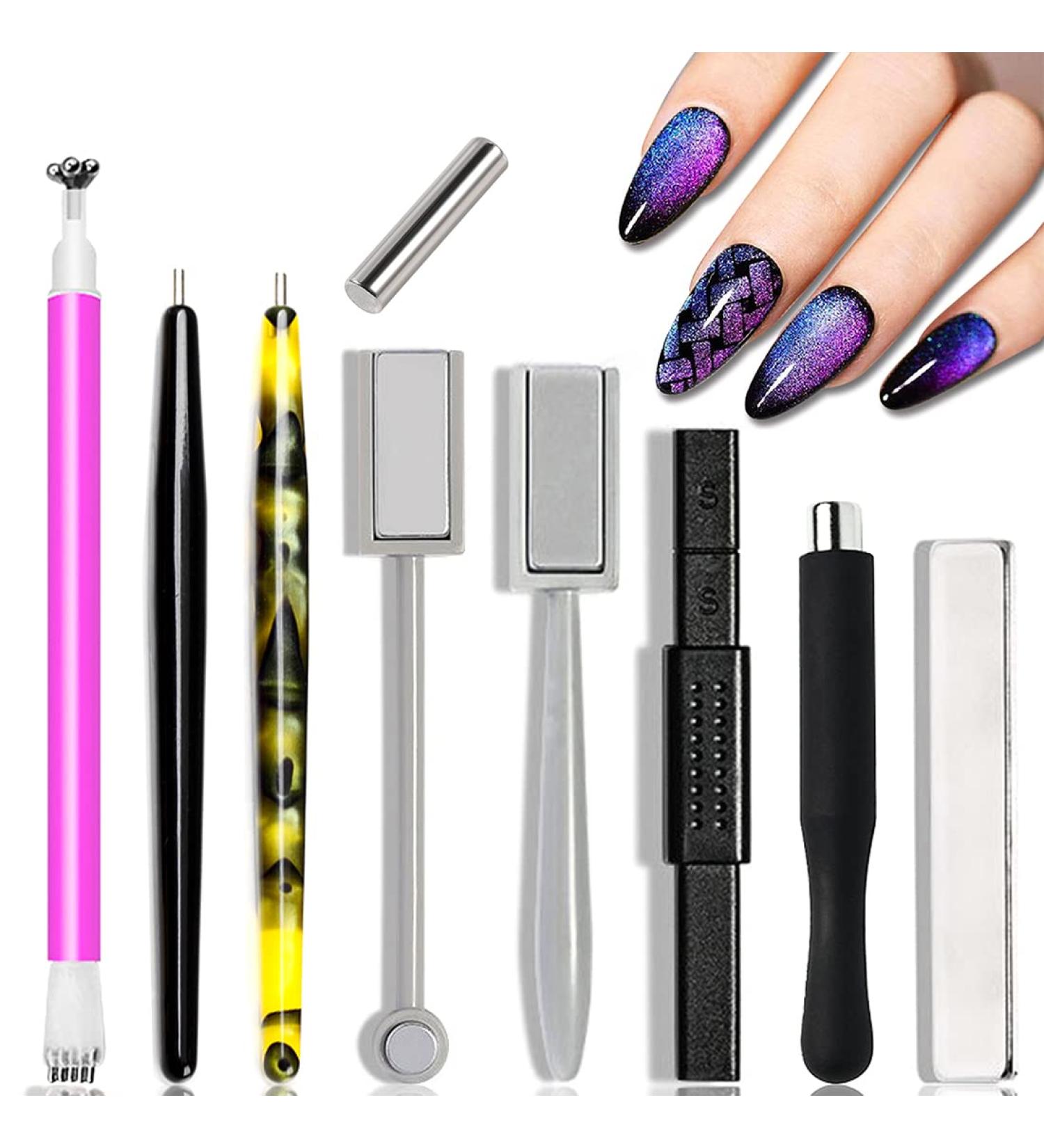 9-Piece Cat Eye Nail Magnet Tool Set for Gel Polish Nail Art | Double-Head Flower Design Pens and Multi-Function Board - Buy Online on SooperMarket.com