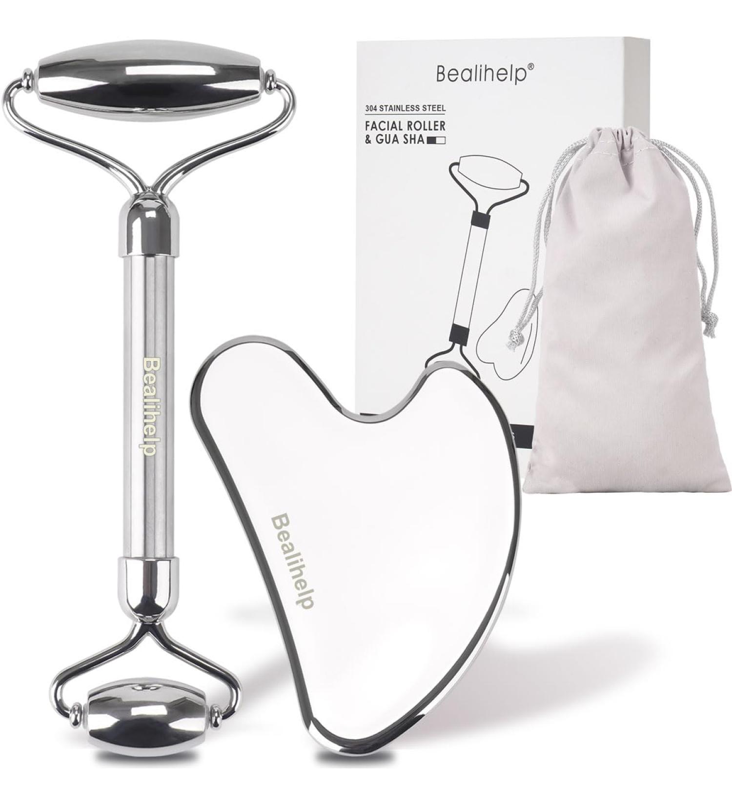 Stainless Steel Face Roller & Gua Sha Tool | Anti-Aging Skin Care for Puffiness & Wrinkles - Buy Online on SooperMarket.com