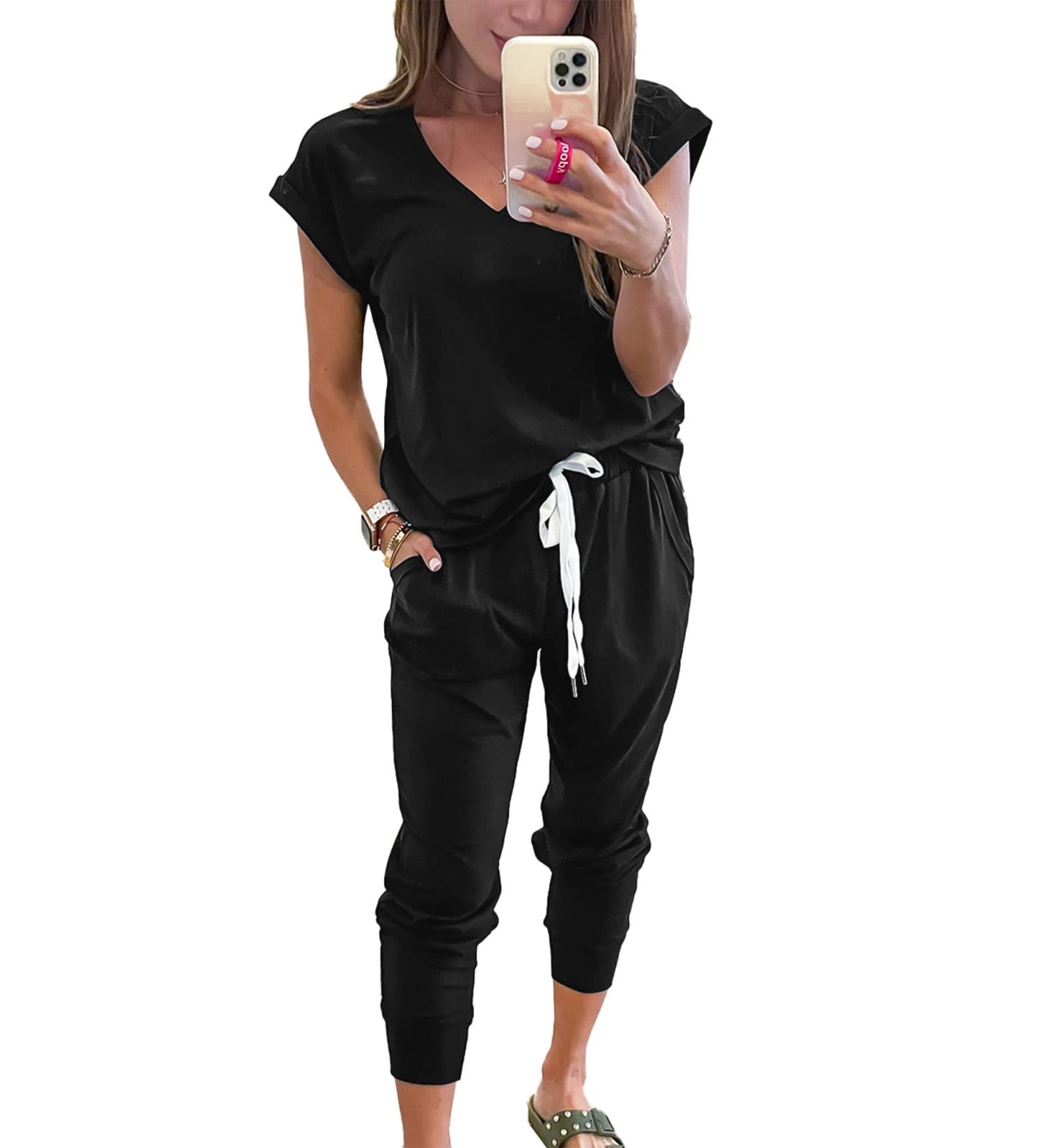Prettigarden Women's 2 Piece Tracksuit Set - V Neck Short Sleeve Top and Long Pants Outfit Jogger Set in Black, Size Large - Buy Online on SooperMarket.com