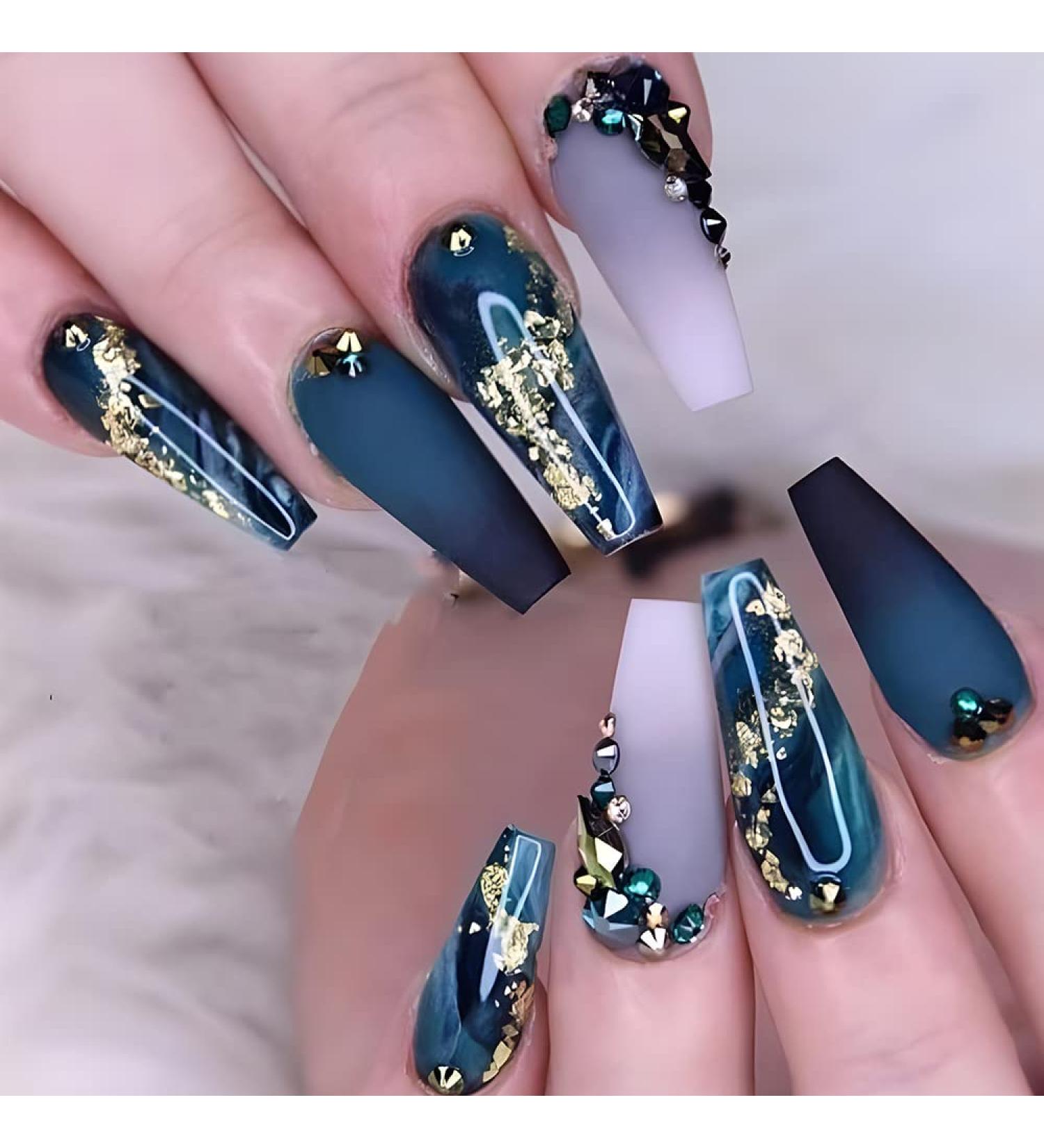 Brishow Coffin Artificial Nails - 24 Strass Press On Long Blue Marble Acrylic Ballerina Nails for Women & Girls - Buy Online on SooperMarket.com